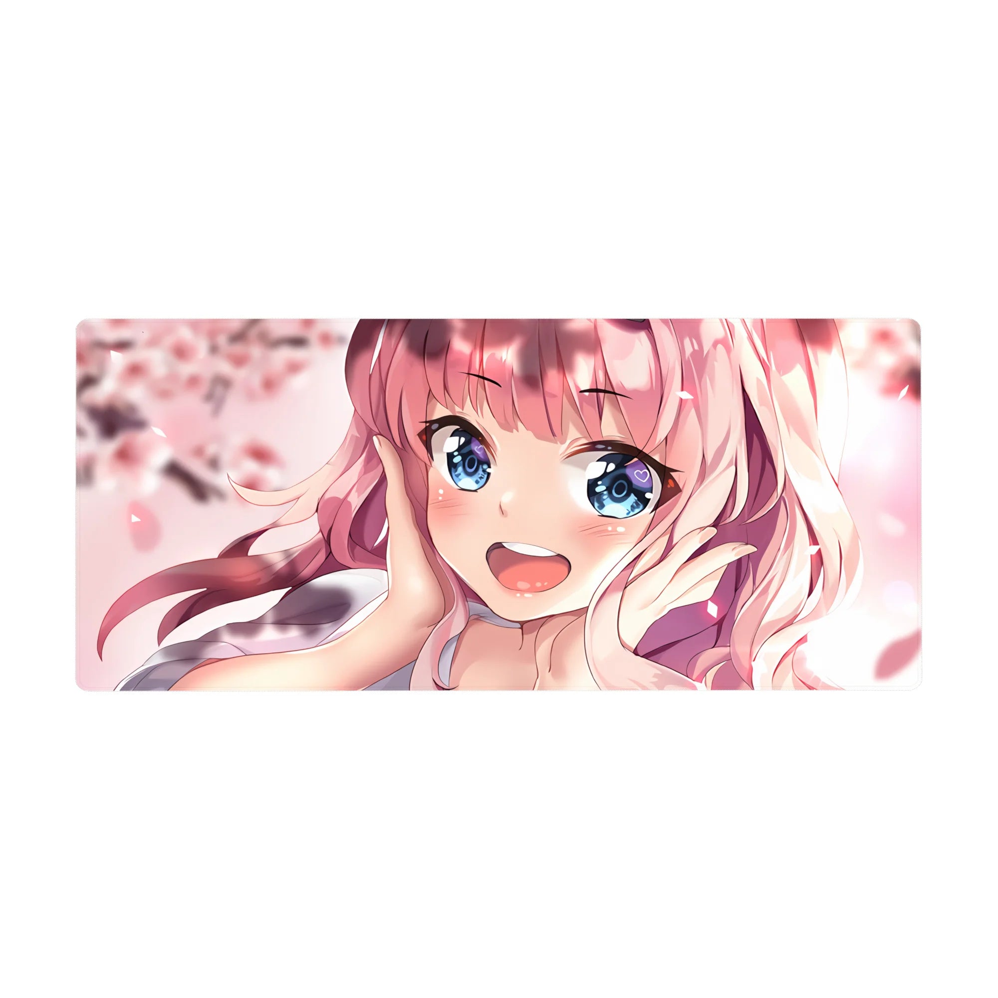 Anime girl desk pad 36x16 inches with pink-haired sweetheart, blue eyes, and cherry blossom petals.
