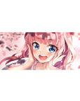 Anime girl desk pad 36x16 inches with pink-haired sweetheart, blue eyes, and cherry blossom petals.