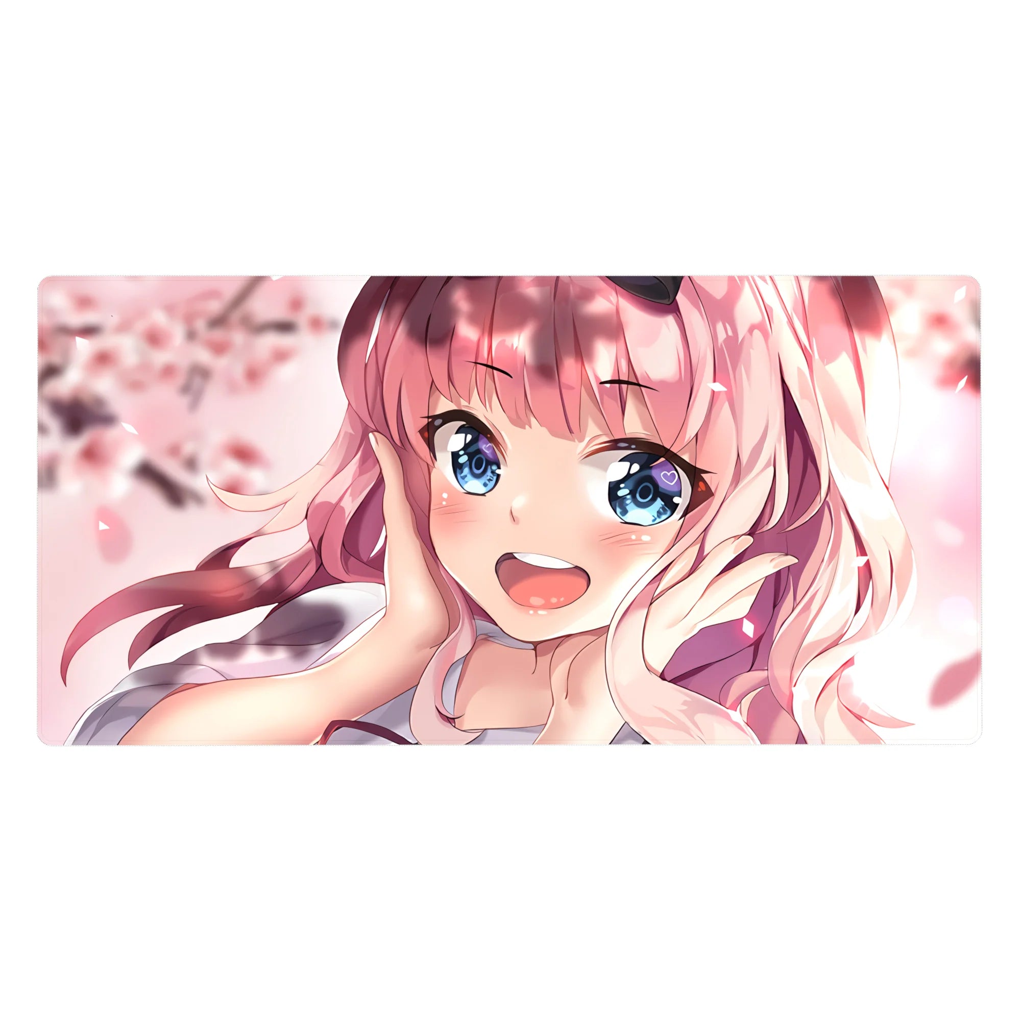 40x20 inches anime girl desk pad with pink-haired sweetheart, blue eyes, and floating cherry blossoms.