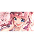40x20 inches anime girl desk pad with pink-haired sweetheart, blue eyes, and floating cherry blossoms.