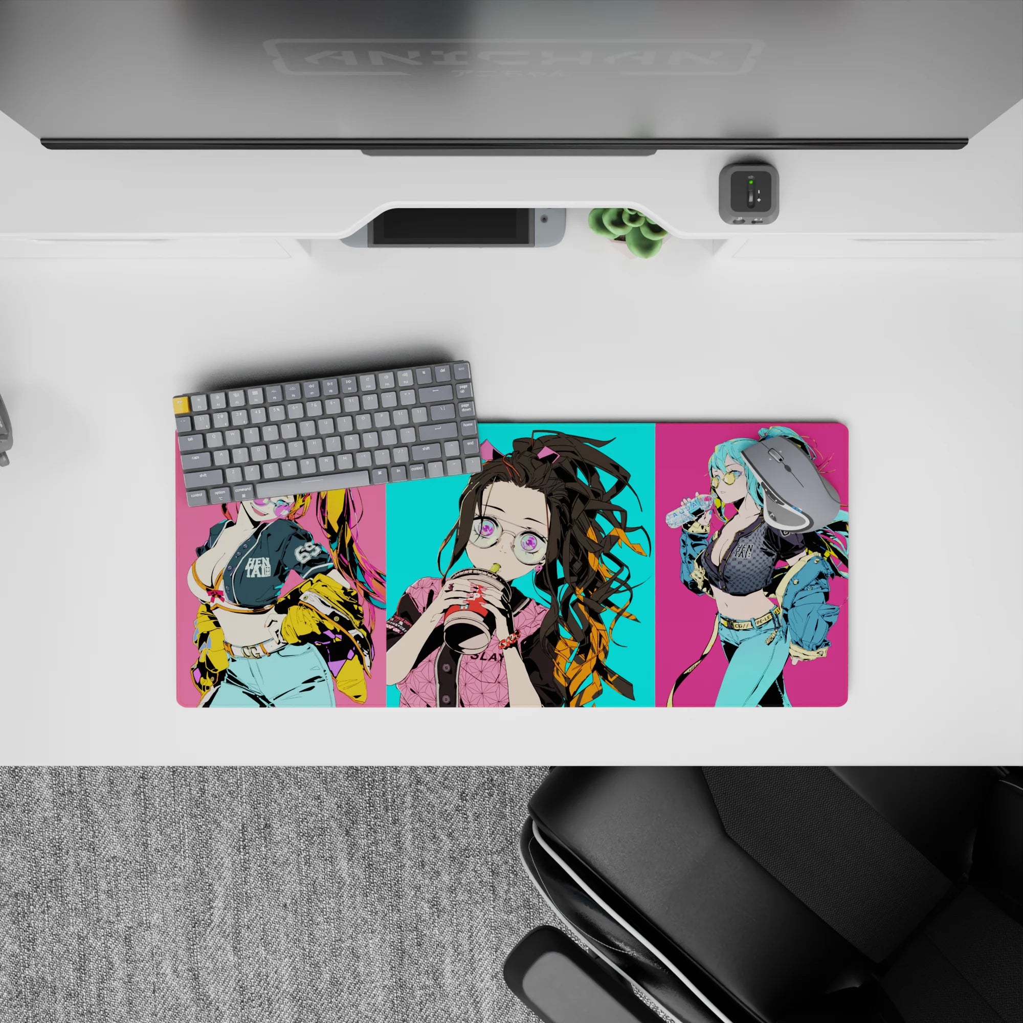 Anime mouse pad 28x12 inches featuring Nezuko from Demon Slayer with neon colors, oversized glasses, and bubble tea.