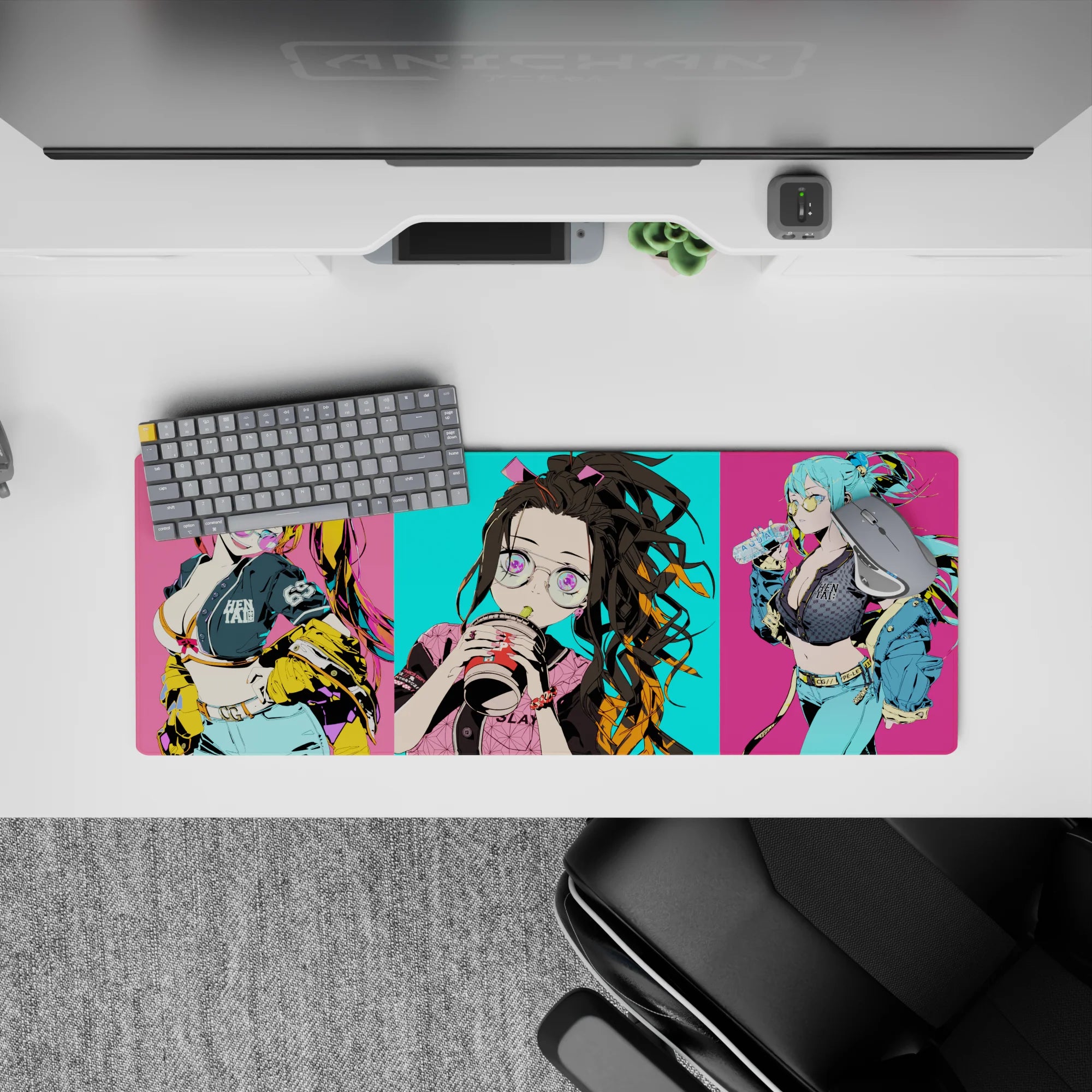 Anime mouse pad 32x12 inches featuring Nezuko with oversized glasses and bubble tea, vibrant cyan and hot pink accents.