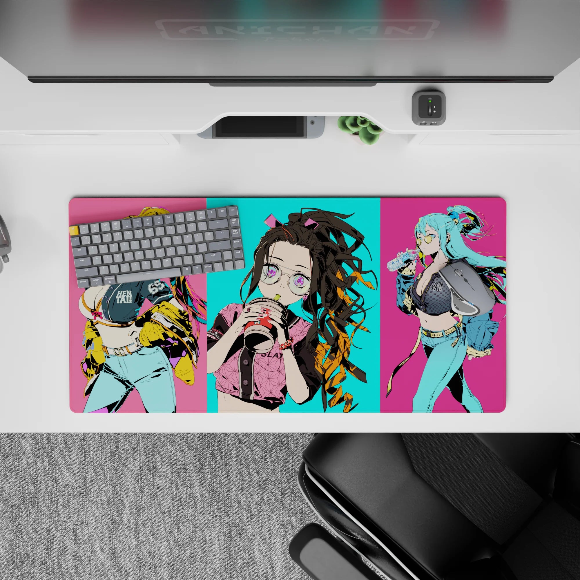 Anime mouse pad 32x16 inches featuring Nezuko with oversized glasses and bubble tea, vibrant Tokyo street-style design.