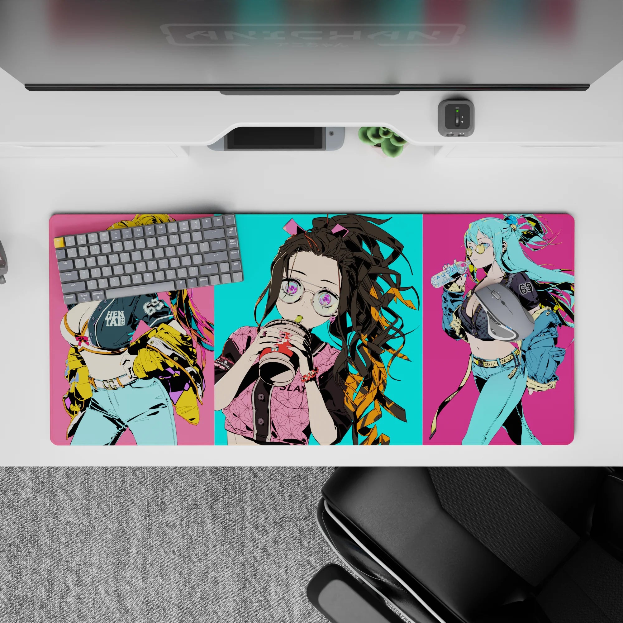 Anime desk pad 36x16 inches featuring Nezuko with oversized glasses and bubble tea, vibrant Tokyo street-style design.