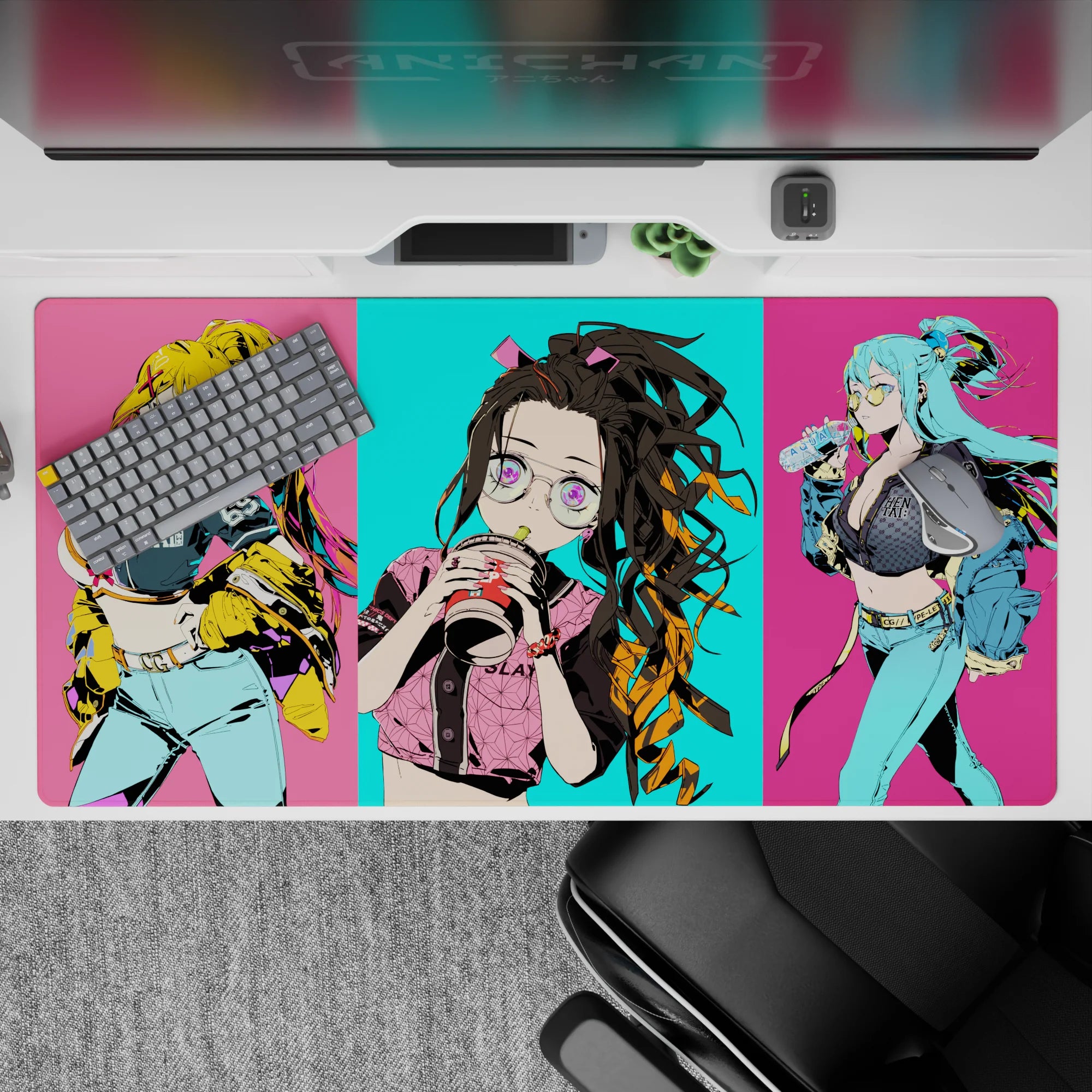 Anime desk pad 40x20 inches featuring Nezuko in oversized glasses with bubble tea, vibrant in cyan and hot pink.