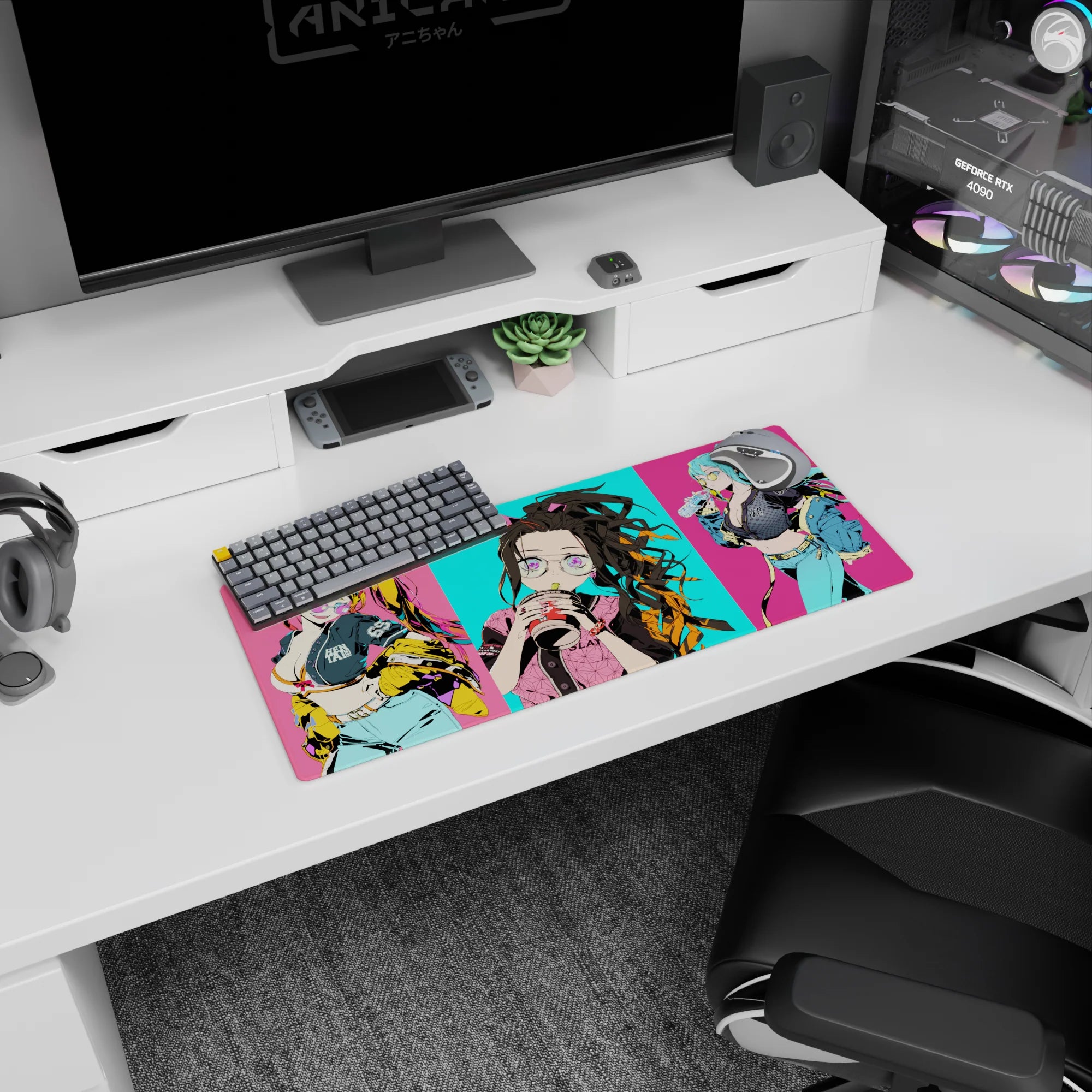 Anime mouse pad 28x12 inches featuring Nezuko with oversized glasses and bubble tea, vibrant neon Tokyo street style.