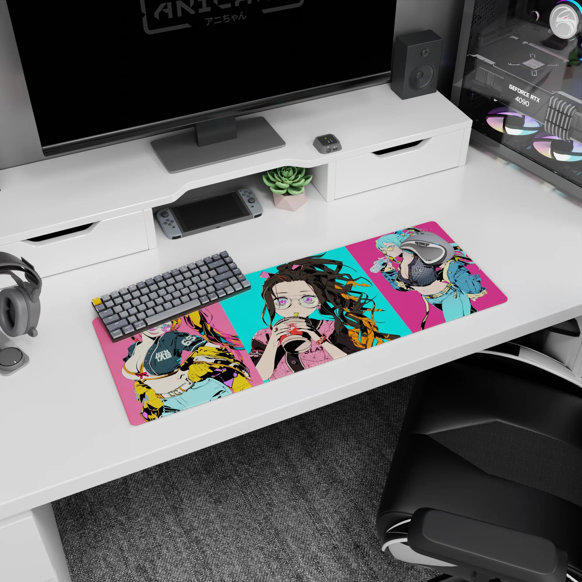 Anime mouse pad 32x12 inches featuring Nezuko with oversized glasses, bubble tea, and vibrant street-style Tokyo fashion.