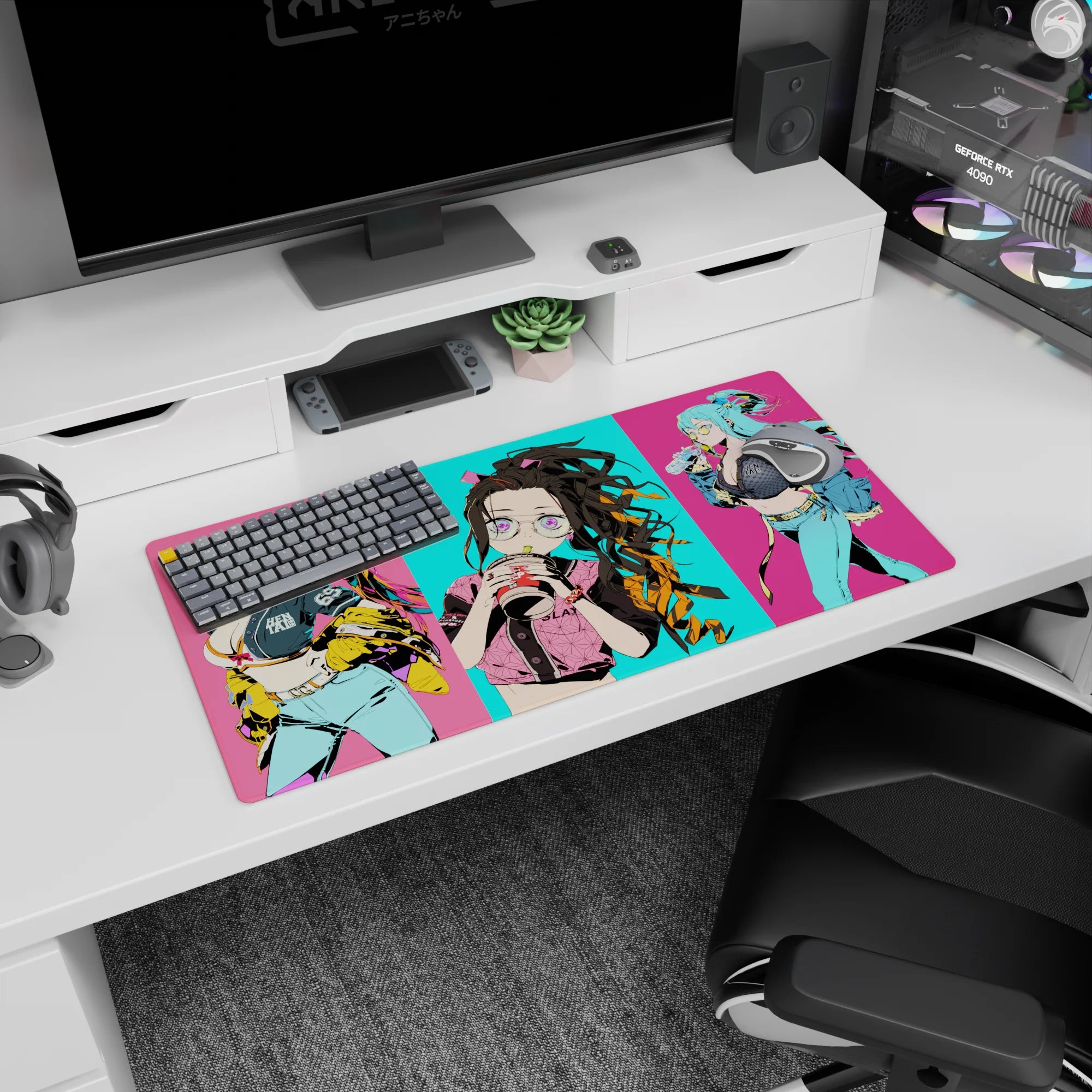 Anime mouse pad 32x16 inches featuring Nezuko with oversized glasses and bubble tea, vibrant Tokyo street style design.