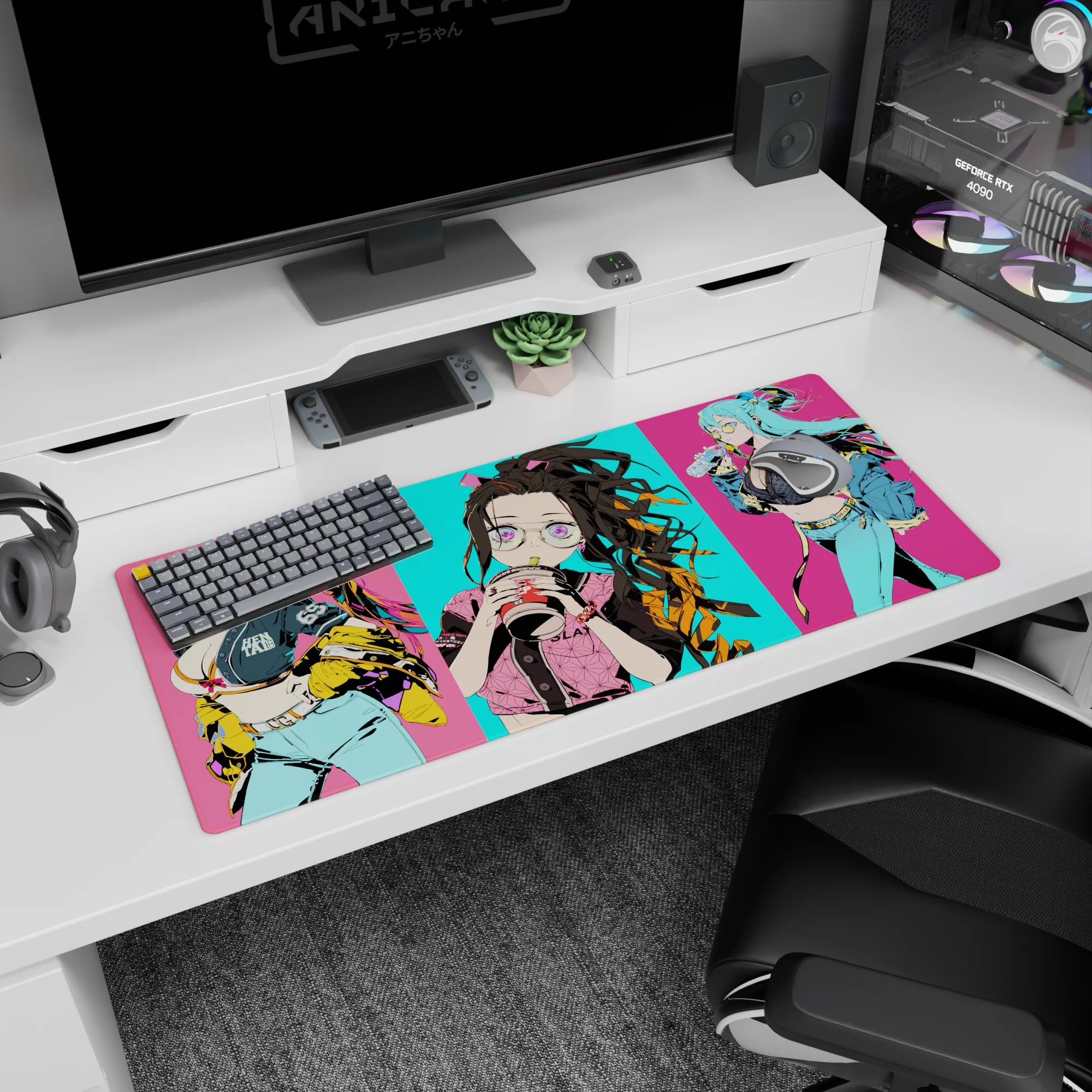 Anime mouse pad 36x16 inches featuring Nezuko from Demon Slayer with neon colors, oversized glasses, and bubble tea.