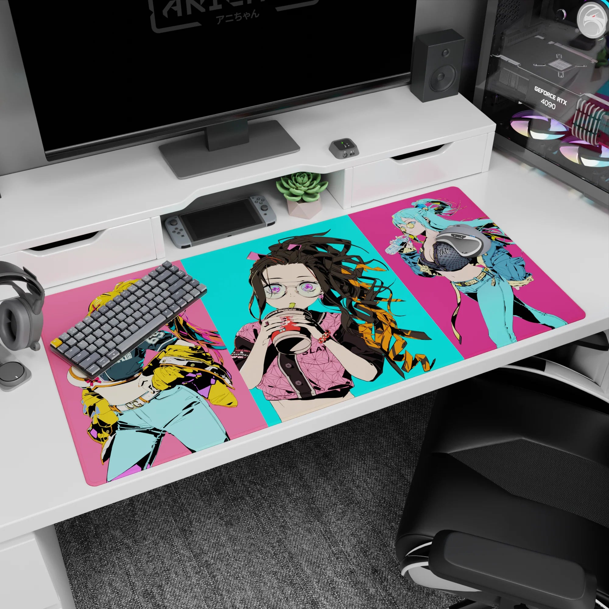 Anime desk pad 40x20 inches featuring Nezuko with oversized glasses and bubble tea in vibrant neon colors.