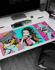 Anime desk pad 40x20 inches featuring Nezuko with oversized glasses and bubble tea in vibrant neon colors.