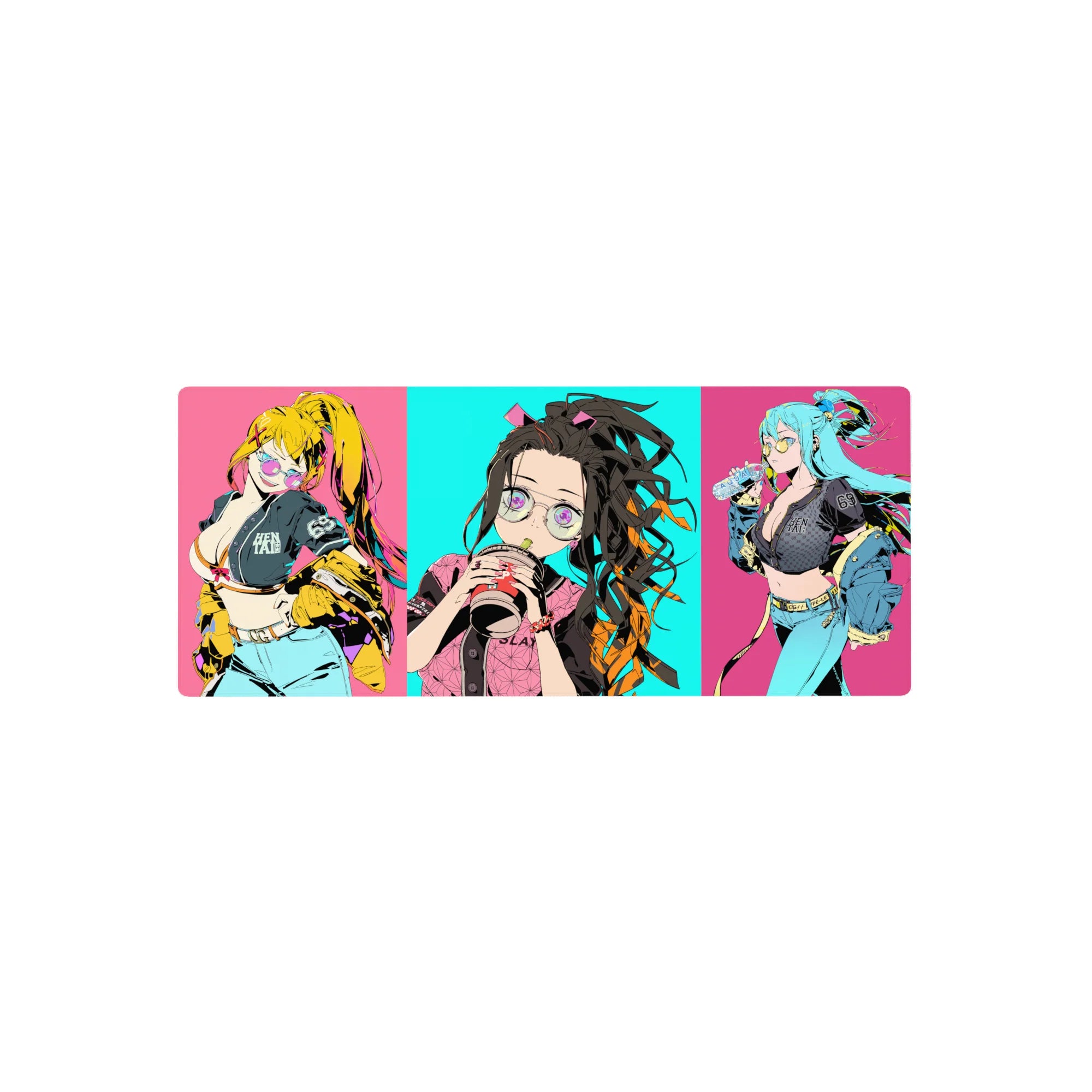 Nezuko anime mouse pad, 28x12 inches, featuring vibrant cyan and pink, with street-style characters and bubble tea.