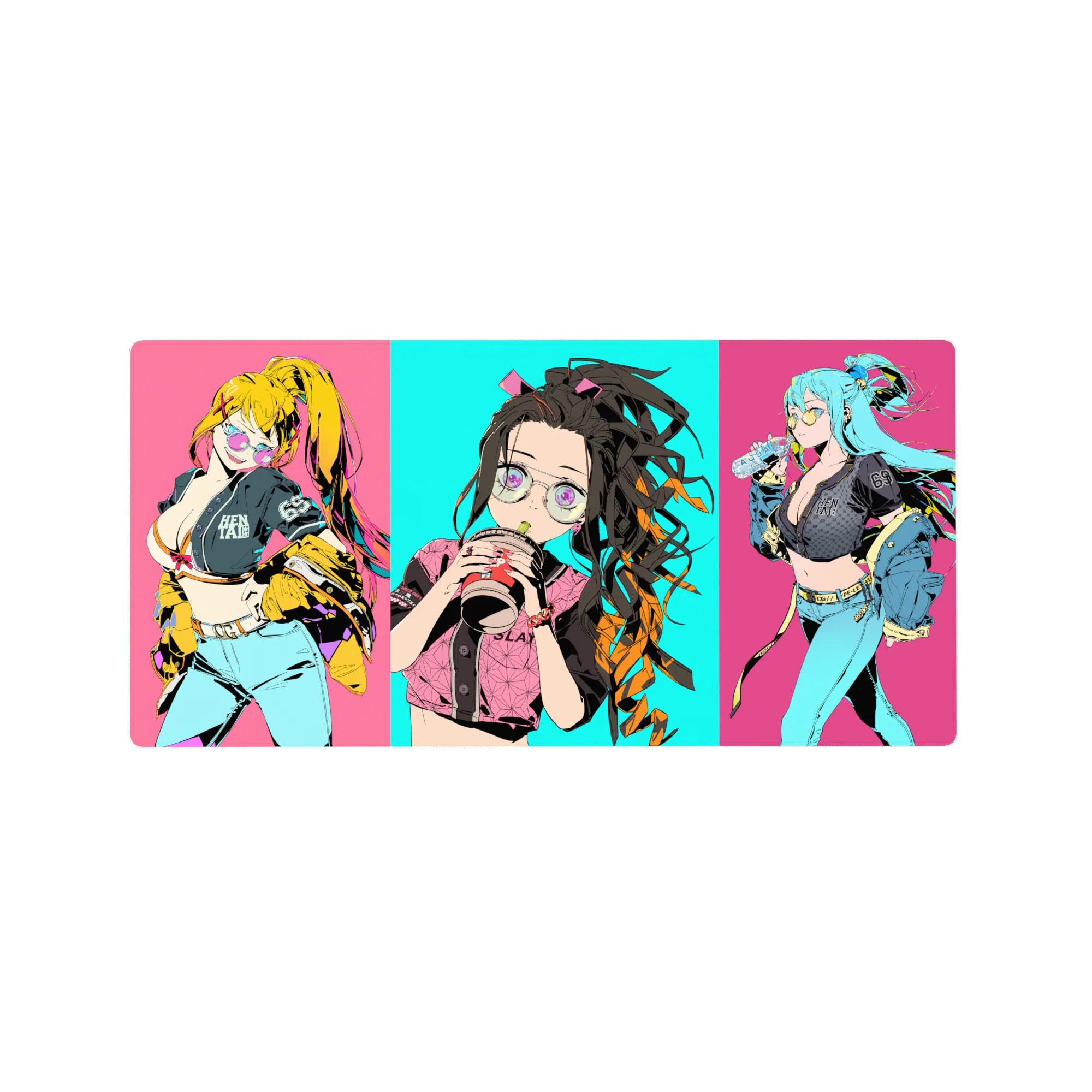 Anime mouse pad 32x16 inches, featuring Nezuko with oversized glasses and bubble tea, vibrant neon Tokyo street style.