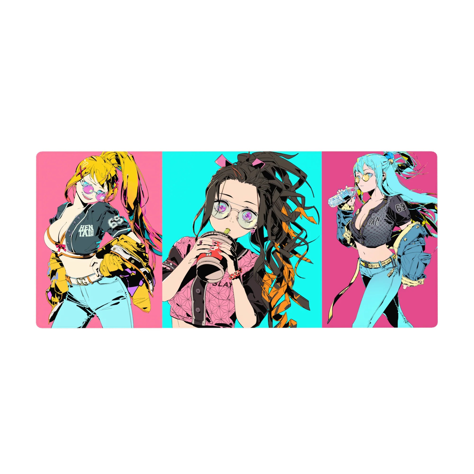 Anime mouse pad 36x16 inches featuring Nezuko with oversized glasses and bubble tea, vibrant street-style Tokyo vibe.