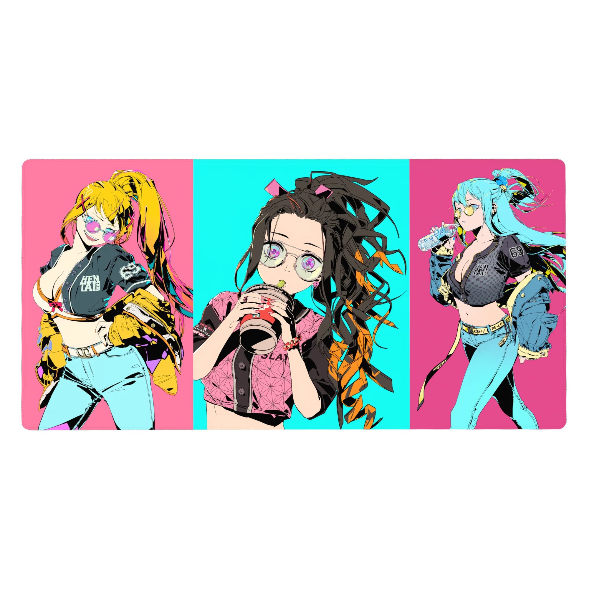 Anime desk pad 40x20 inches featuring Nezuko with oversized glasses and bubble tea, vibrant Tokyo street-style design.
