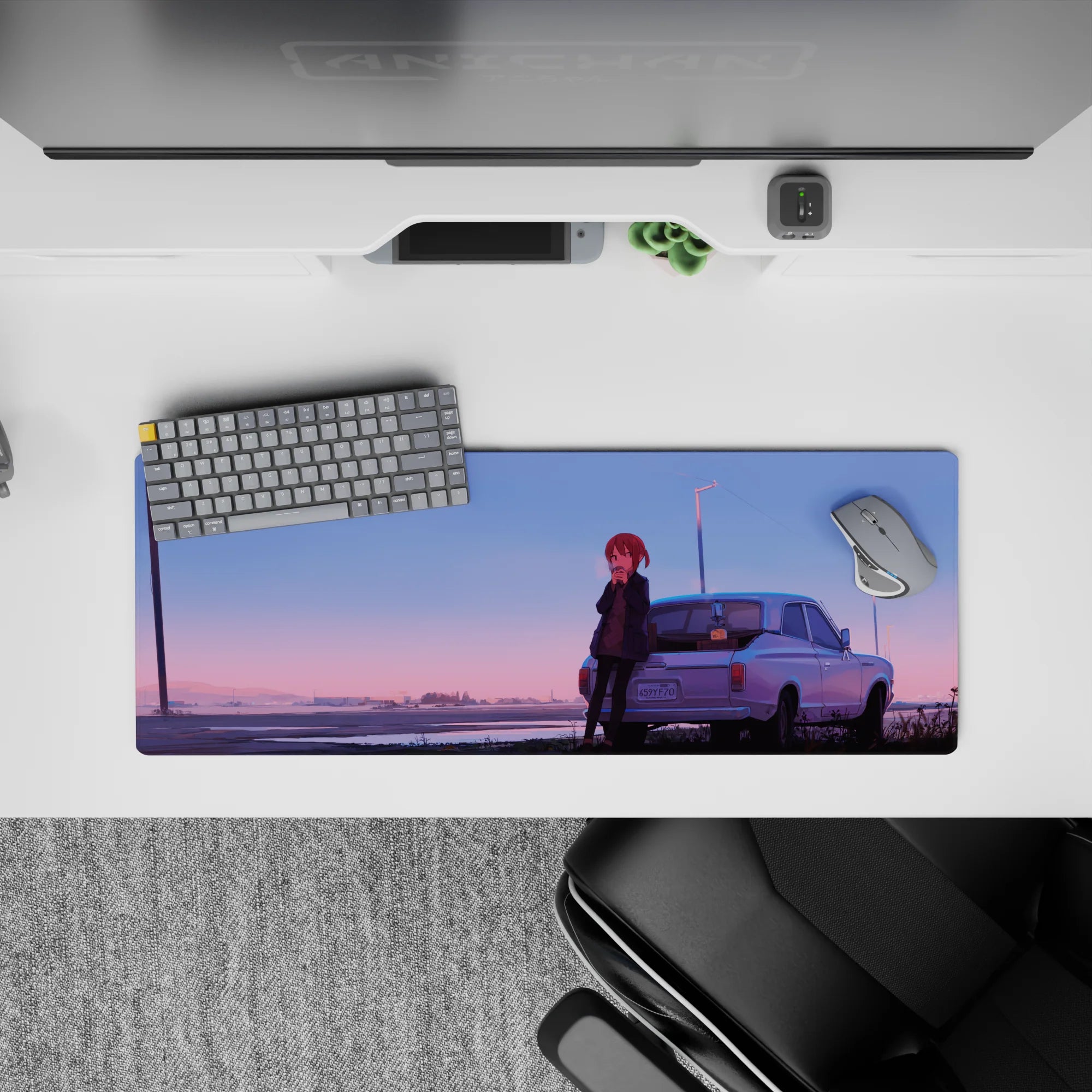 Dreamy pastel anime girl mouse pad 32x12 inches in blue-to-peach sunset tones with calm wet reflections.