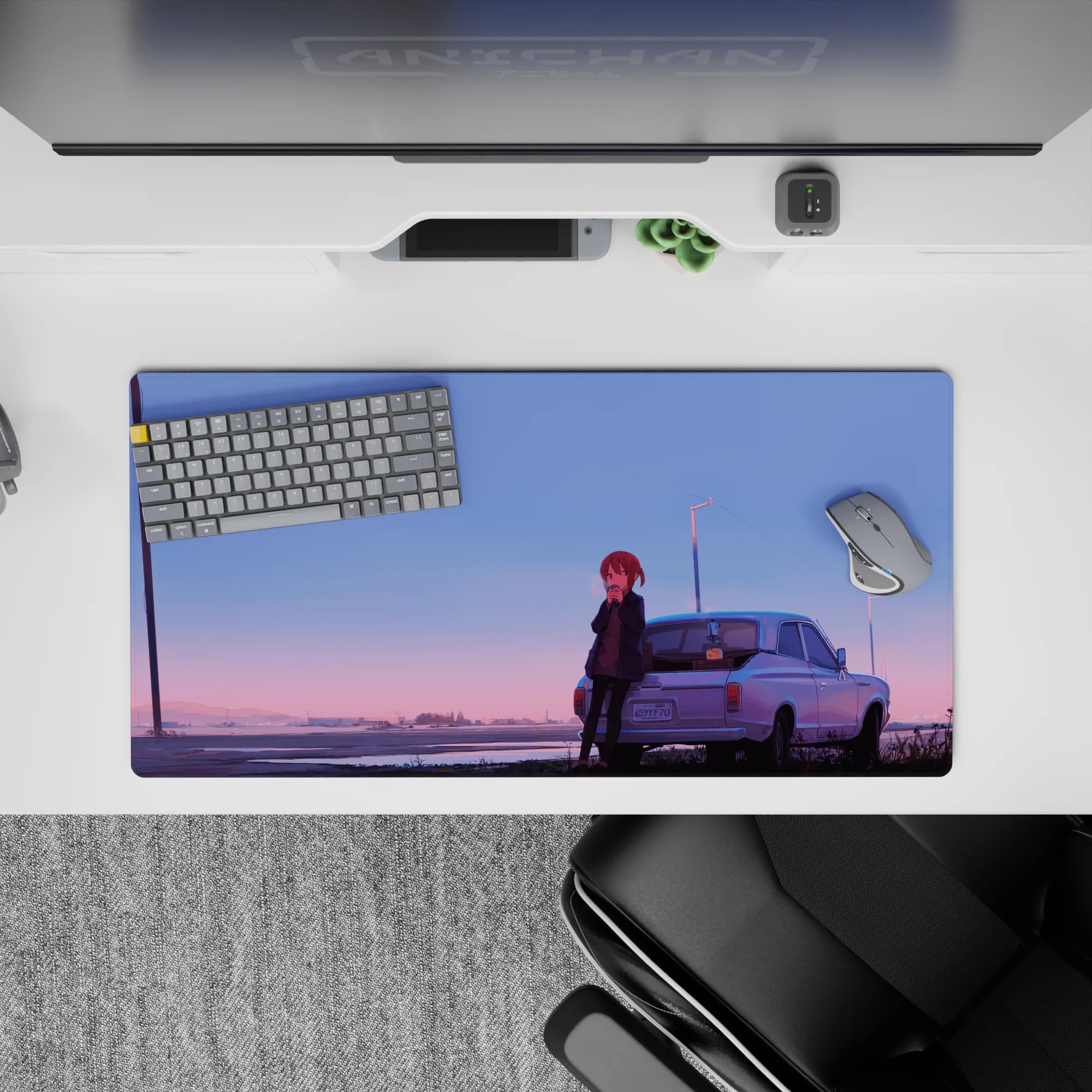 32x16 inches anime desk mat in blue-to-peach sunset gradients, cozy solitude, wet pavement reflections.