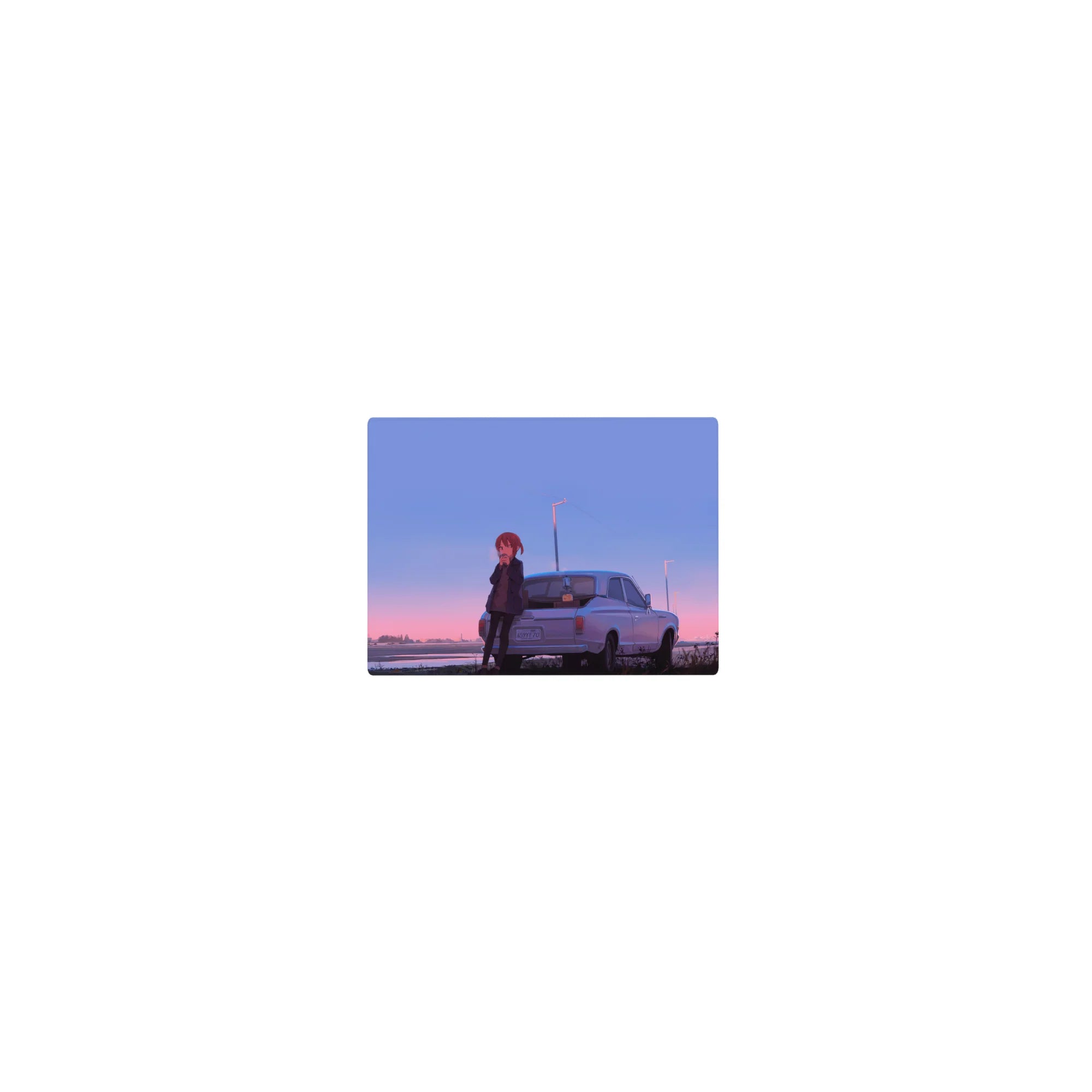 14x10 inches classic anime girl mouse pad with red-haired girl by a white coupe at dusk roadtrip scene.