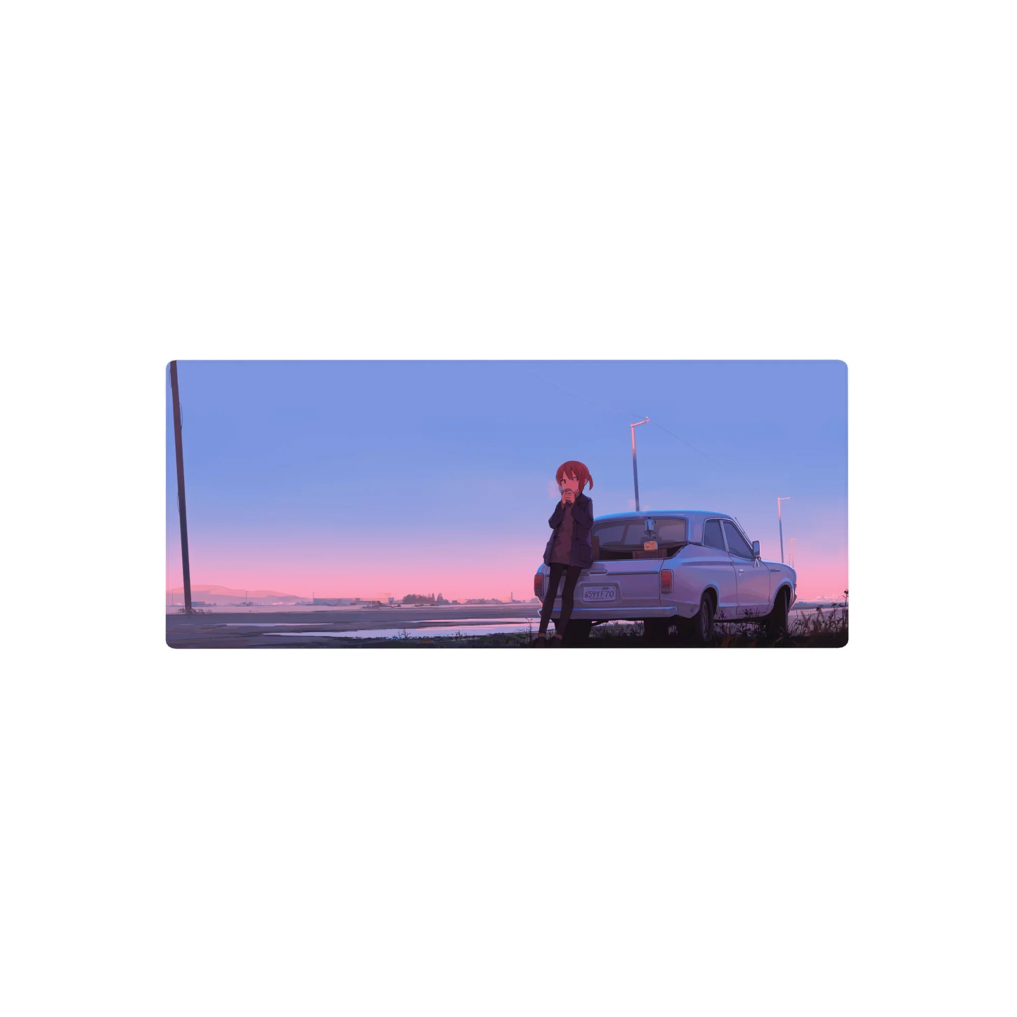 28x12 inches anime girl mouse pad with red-haired girl by classic white coupe under streetlights at dusk.