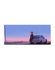 28x12 inches anime girl mouse pad with red-haired girl by classic white coupe under streetlights at dusk.