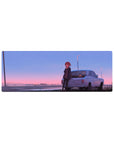 Anime girl mouse pad 32x12 inches with red-haired shy girl by a white coupe on a quiet roadtrip scene.