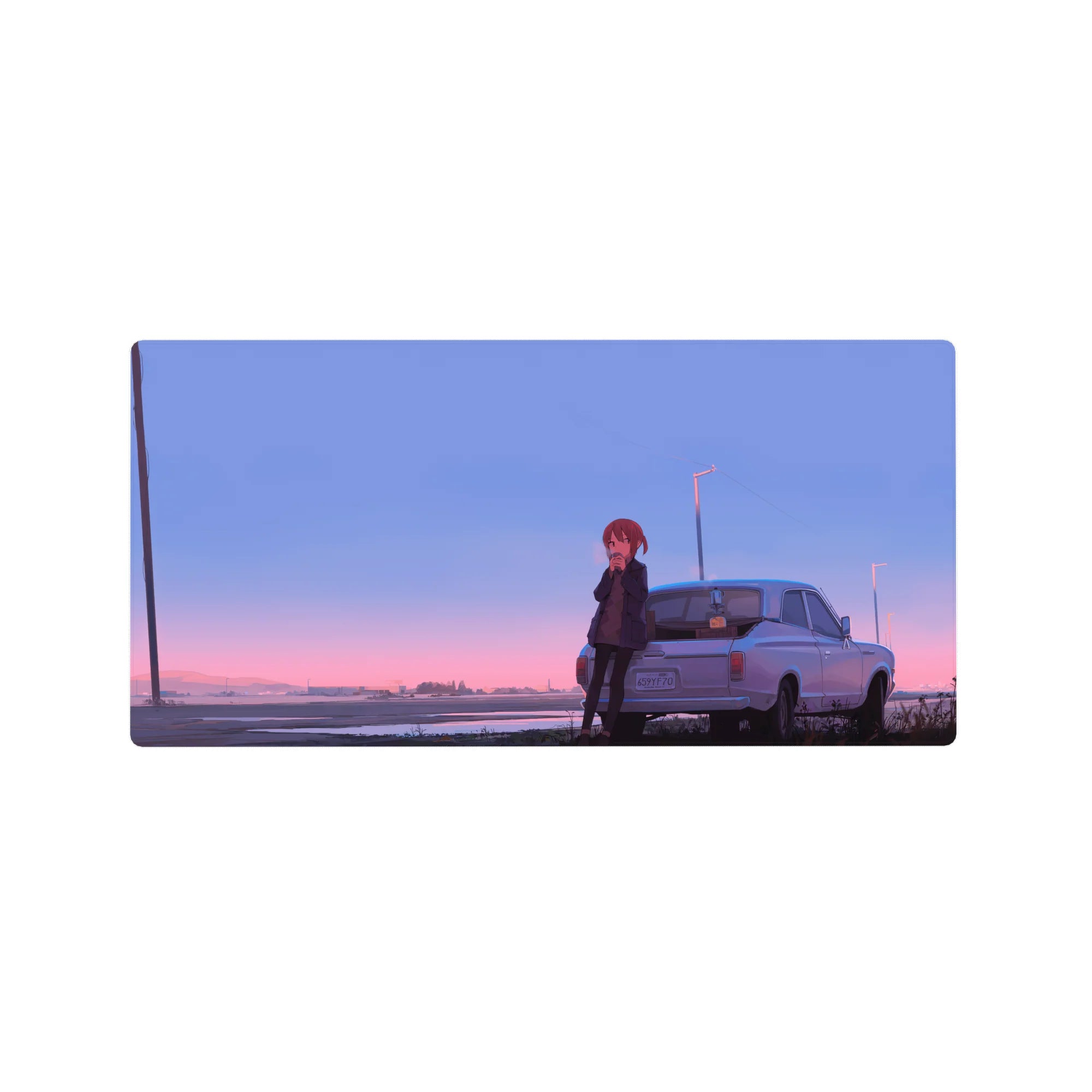 32x16 inches anime girl mouse pad with red-haired girl by white coupe on a quiet roadtrip sunset.