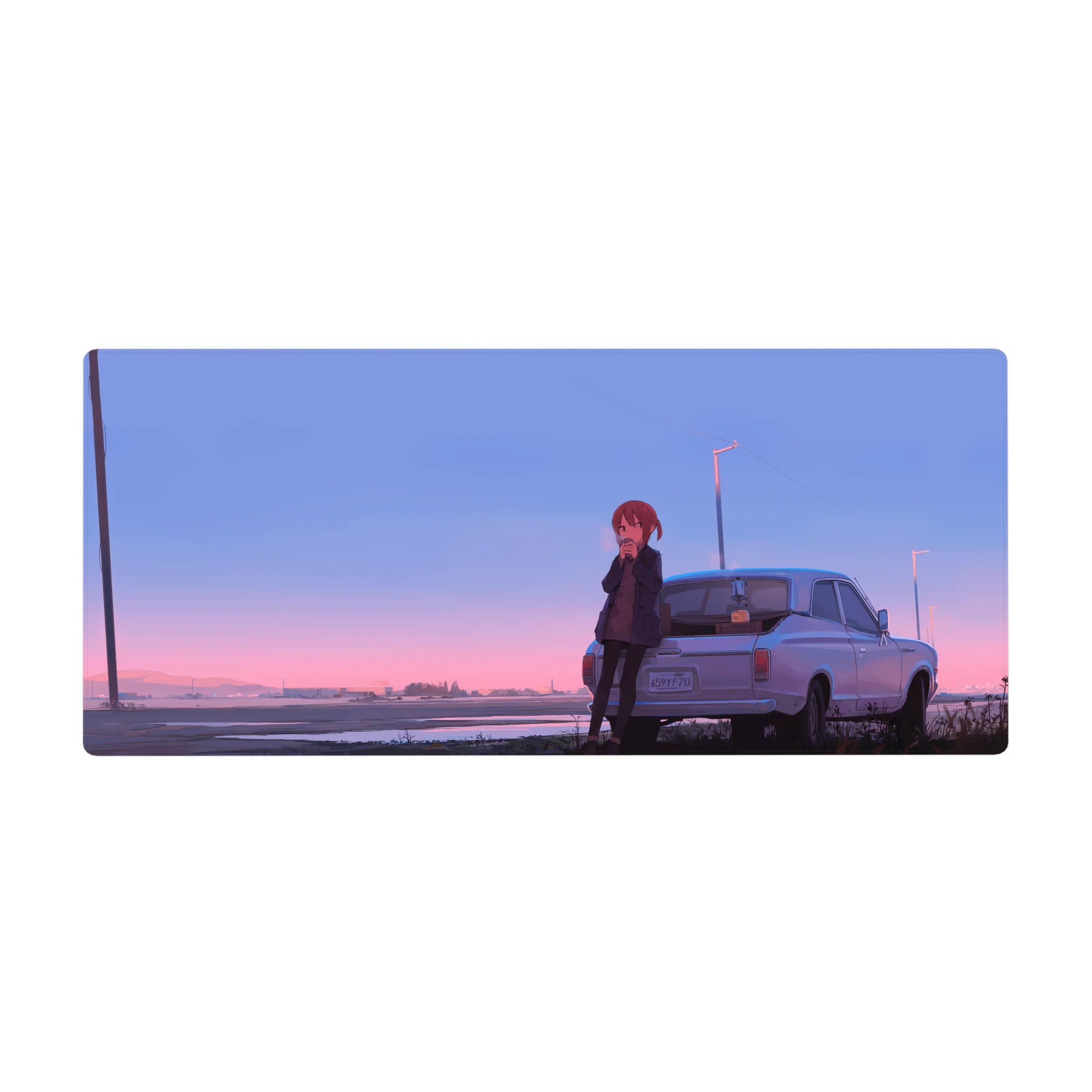Anime girl desk pad 36x16 inches with red-haired shy girl by a classic white coupe at dusk.