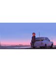 Anime girl desk pad 36x16 inches with red-haired shy girl by a classic white coupe at dusk.