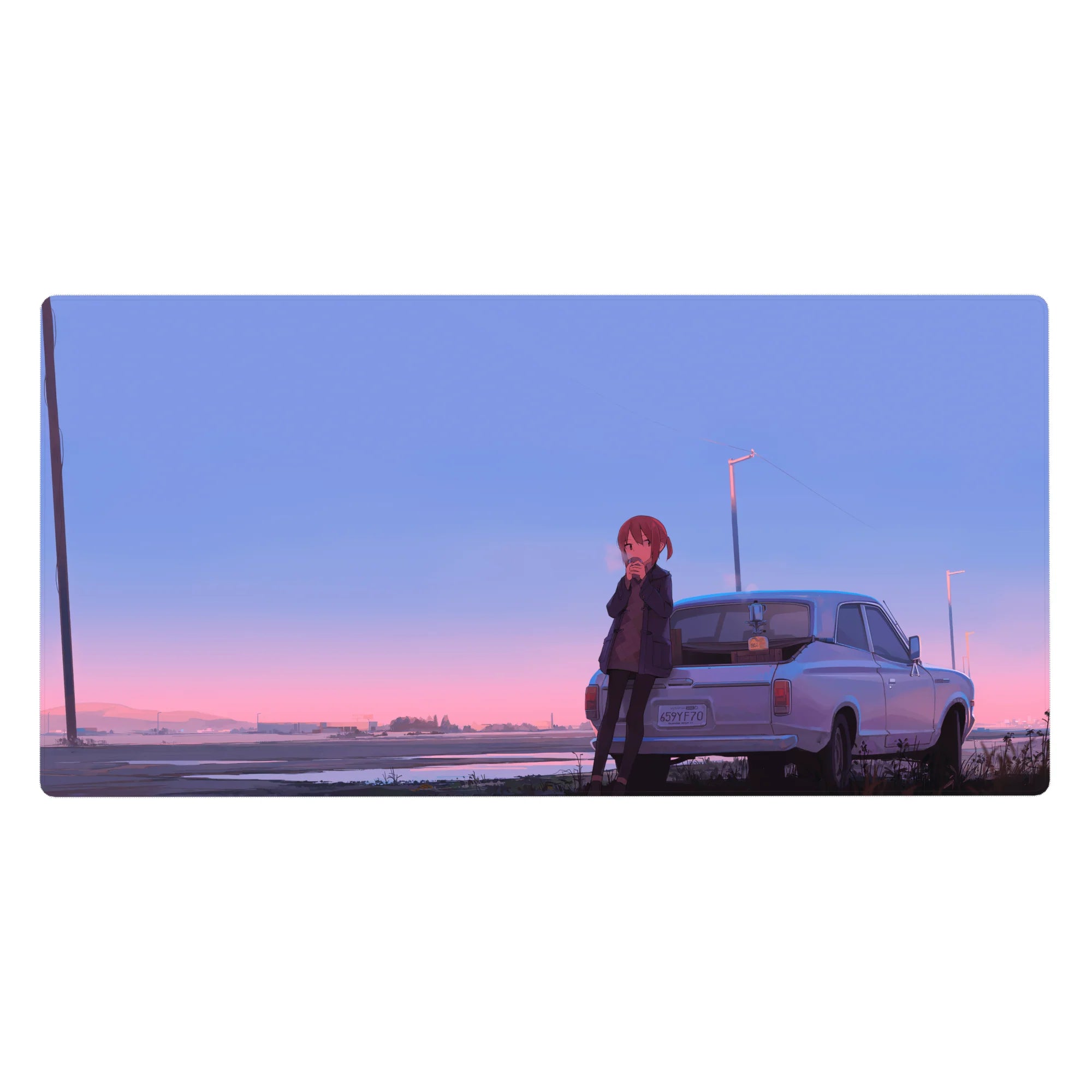 Anime girl desk pad 40x20 inches with red-haired character leaning on classic white coupe at dusk.