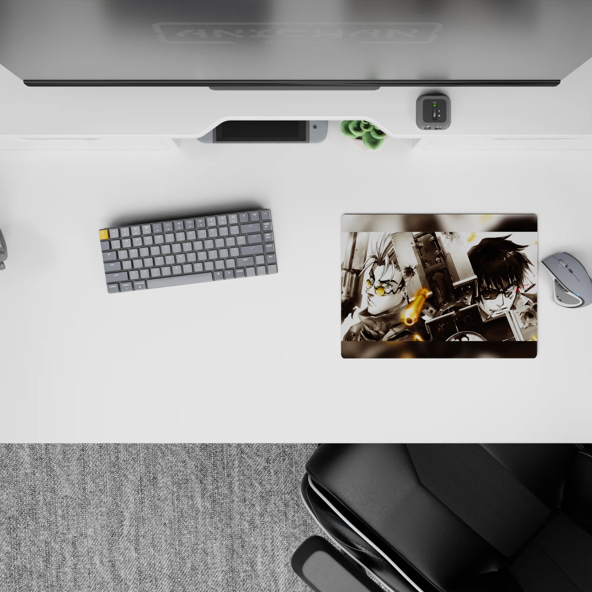 High-contrast 14x10 inches anime mouse pad in smoky blacks and whites with warm brass highlights.