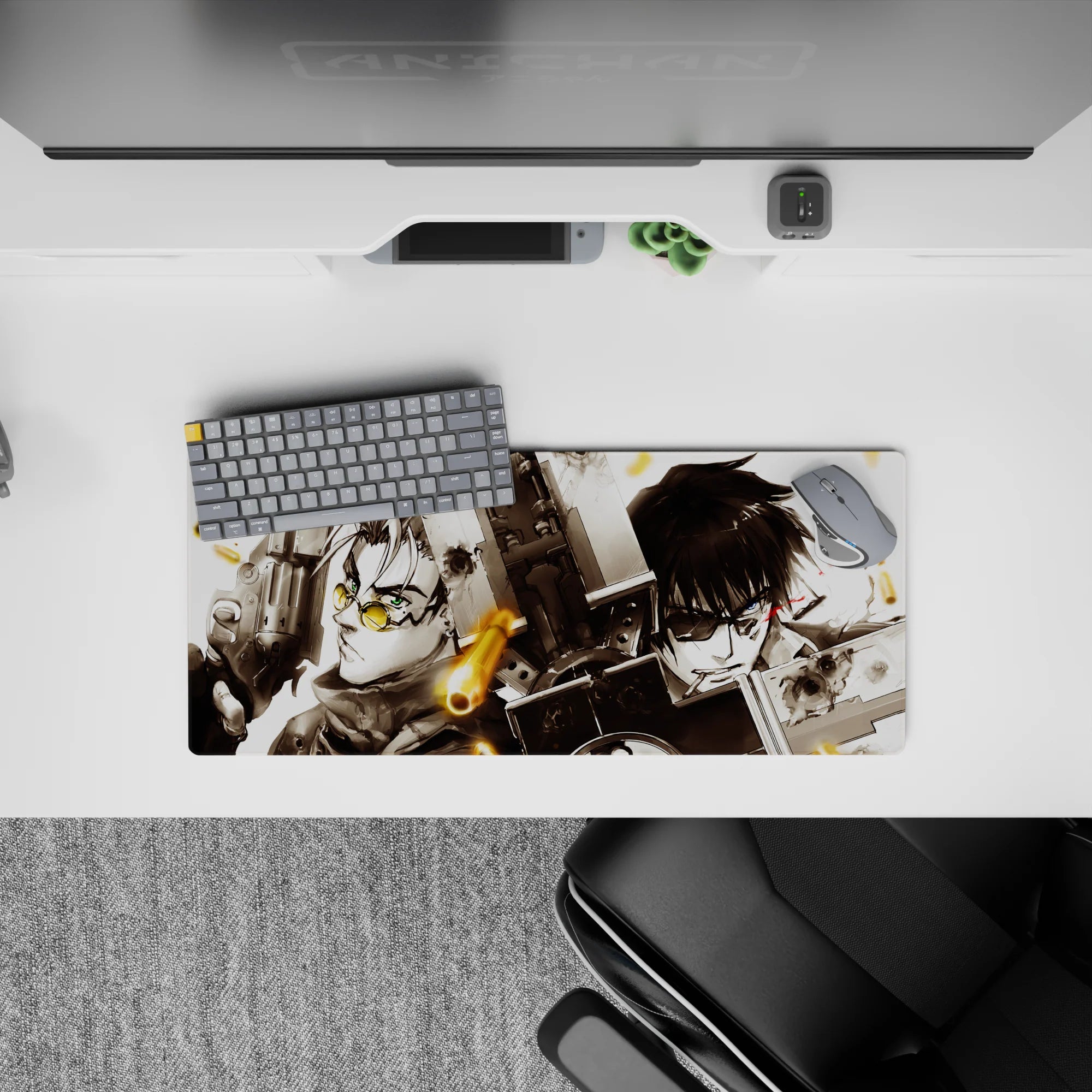 28x12 inches anime mouse pad in smoky black and white with warm brass accents and intense sci-fi mood.