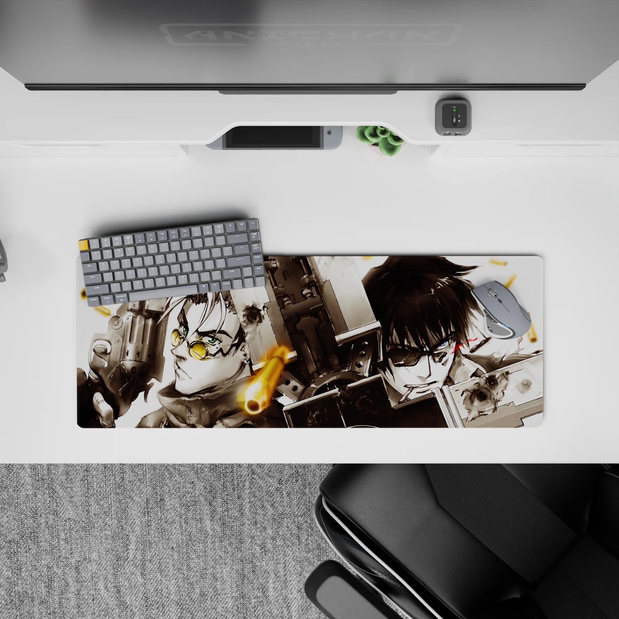 32x12 inches anime mouse pad in smoky whites and deep blacks, warm brass accents, high-contrast cinematic mood.