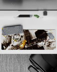 32x12 inches anime mouse pad in smoky whites and deep blacks, warm brass accents, high-contrast cinematic mood.