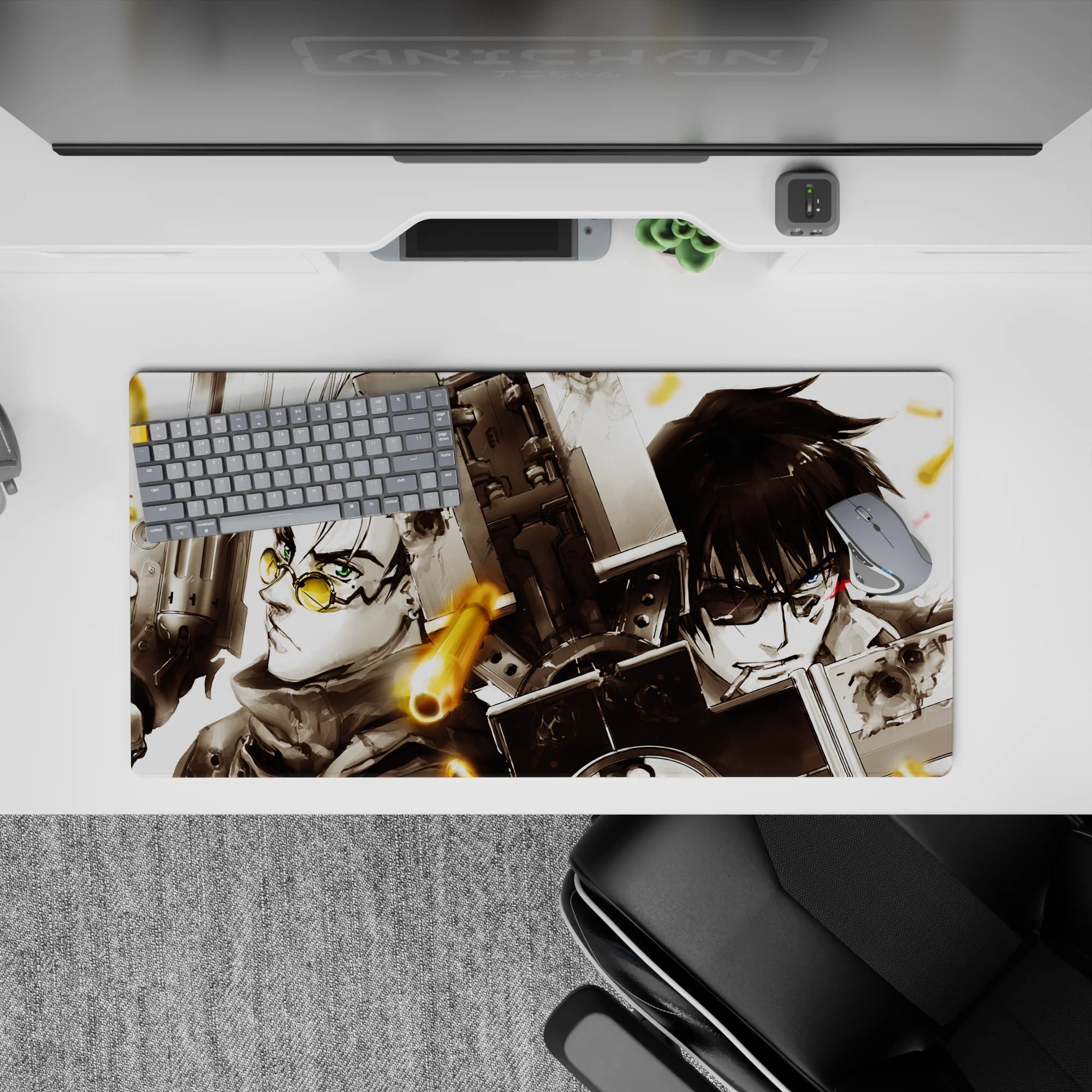 32x16 inches anime mouse pad in smoky blacks and whites with warm brass shell casings, tense cinematic mood.