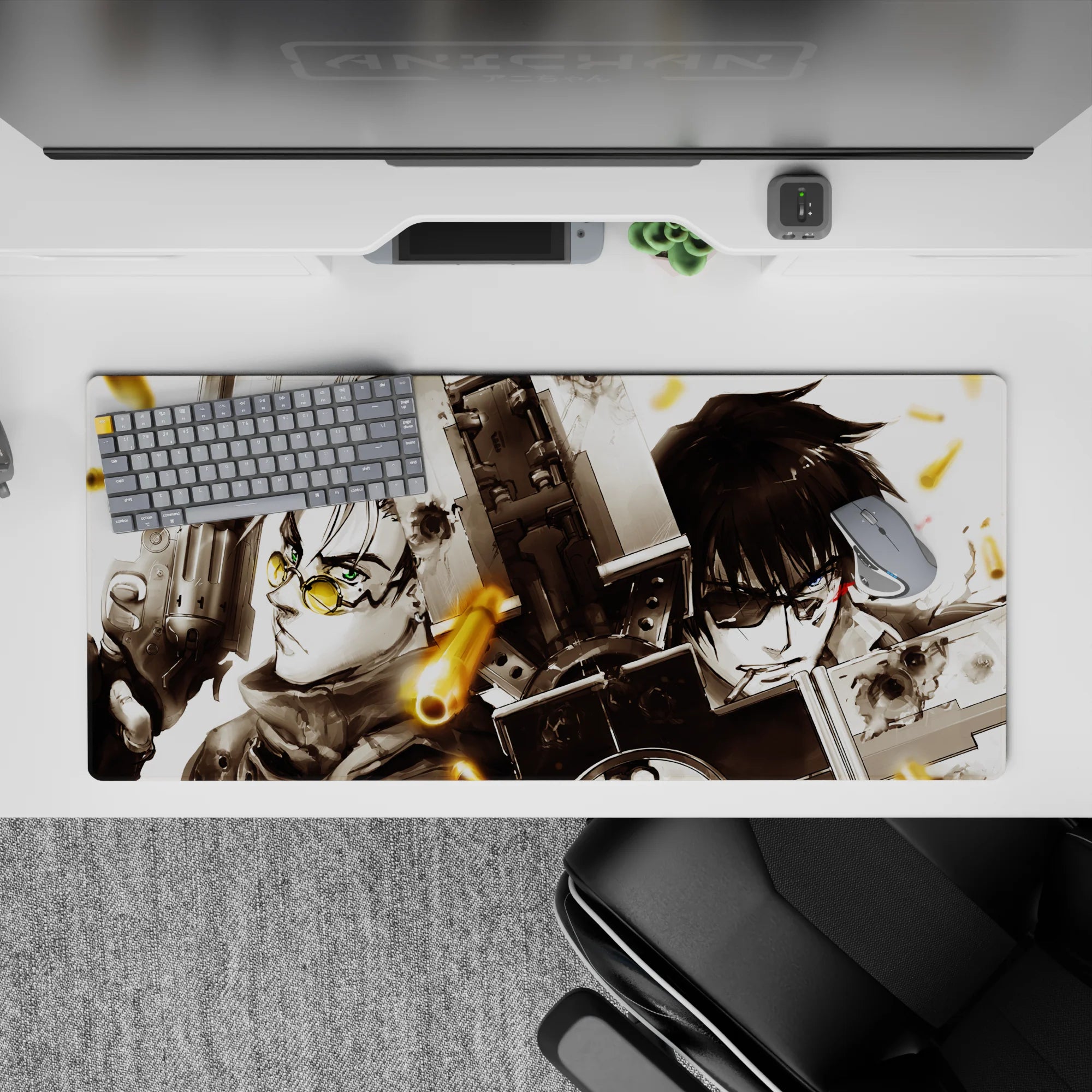36x16 inches anime desk pad in deep blacks and smoky whites with warm brass accents and gritty sci-fi tone.