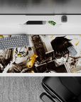 36x16 inches anime desk pad in deep blacks and smoky whites with warm brass accents and gritty sci-fi tone.