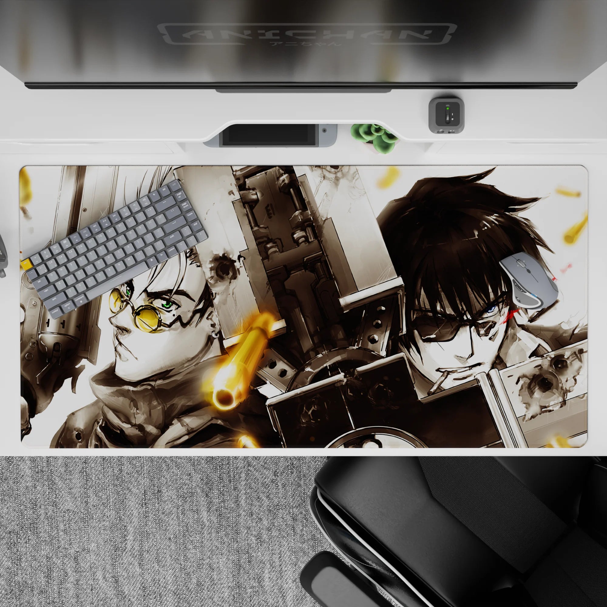 High-contrast anime desk pad 40x20 inches in smoky blacks and whites with warm brass accents, intense mood.