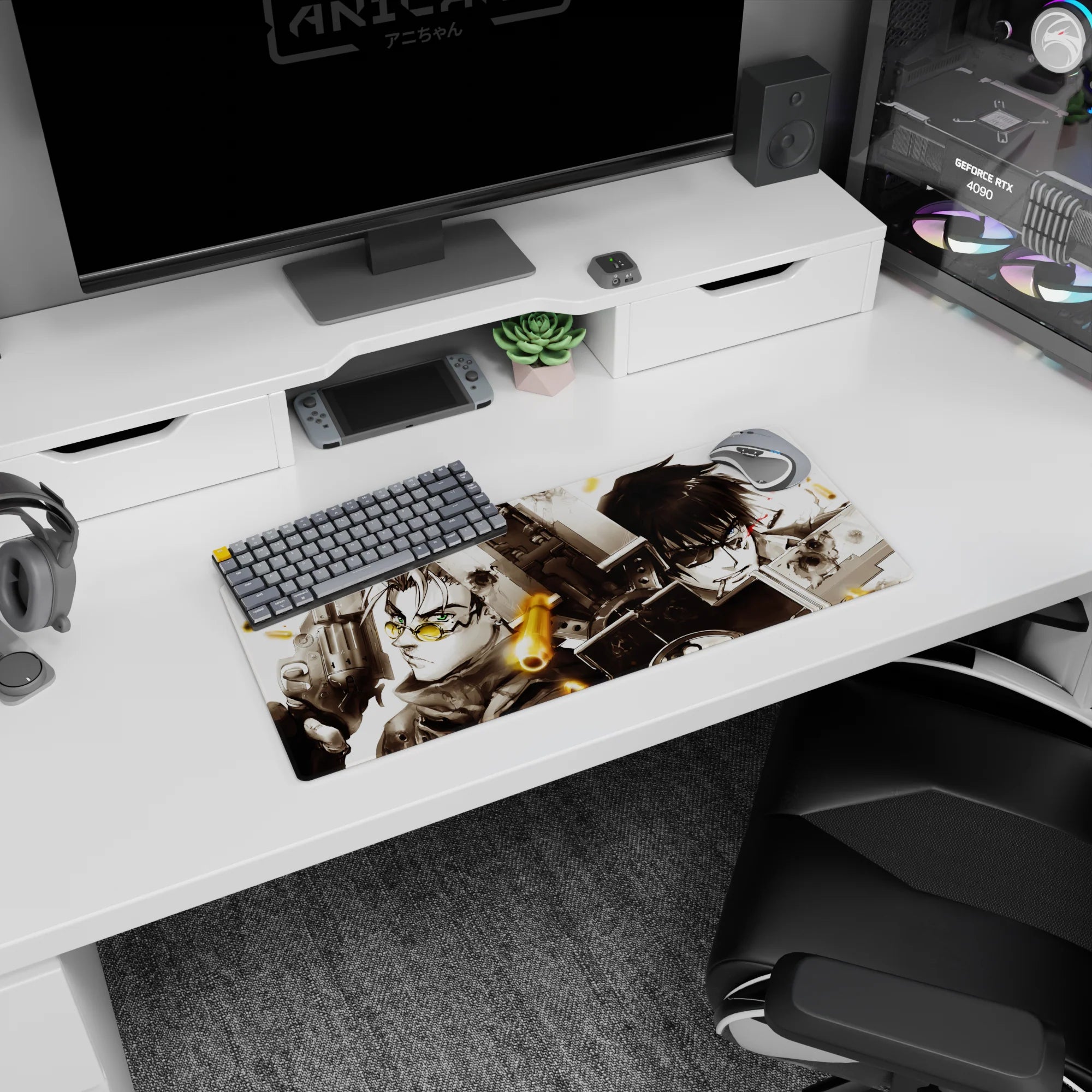 28x12 inches anime mouse pad showing scarfed fighter with yellow lenses facing armored rival amid shell casings.