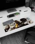 32x12 inches anime mouse pad showing yellow-lensed fighter vs cracked-armor rival, locked in a tense stare-down.