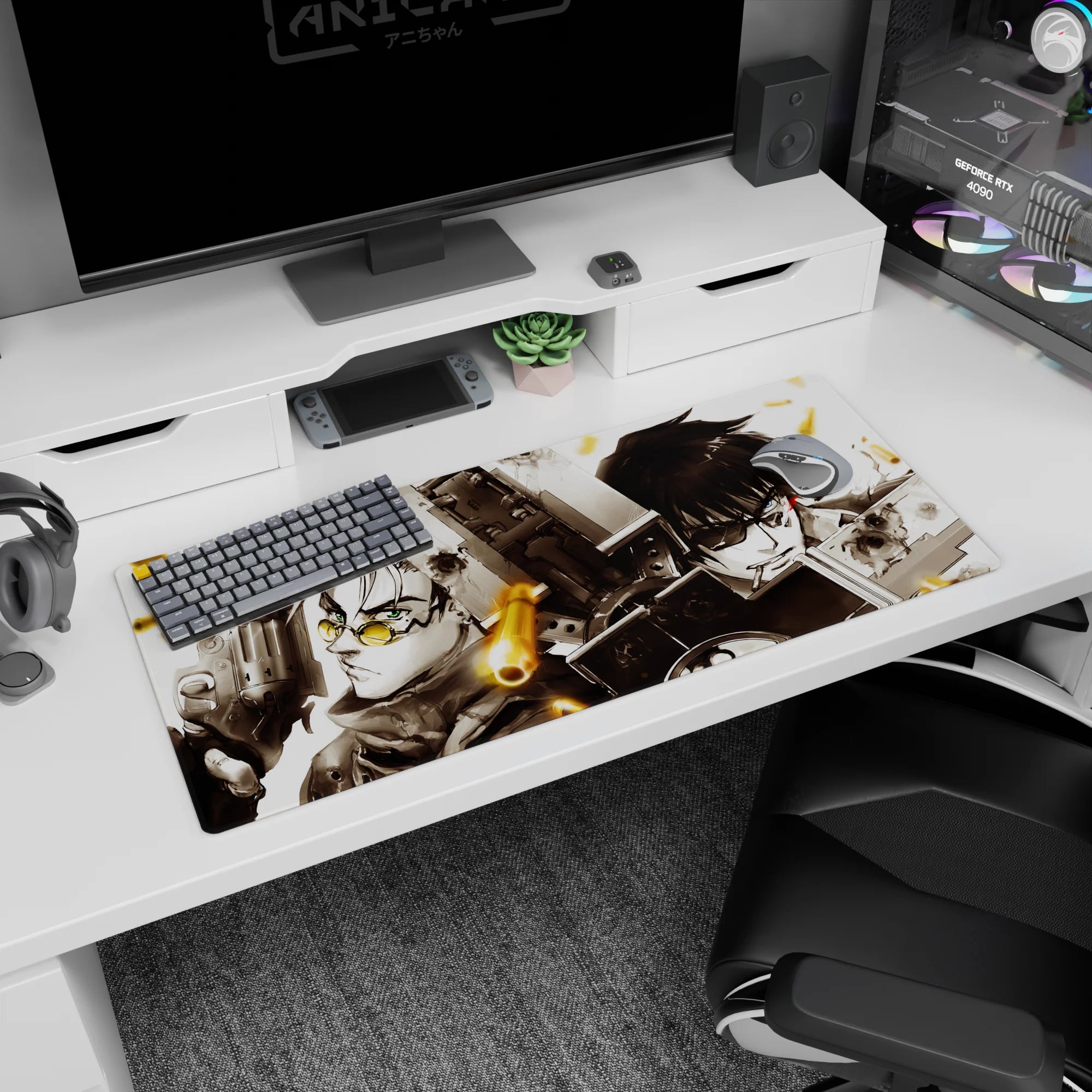 Anime desk pad 36x16 inches showing scarfed fighter with yellow lenses facing a cracked-armor rival in close-up.