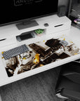 Anime desk pad 36x16 inches showing scarfed fighter with yellow lenses facing a cracked-armor rival in close-up.