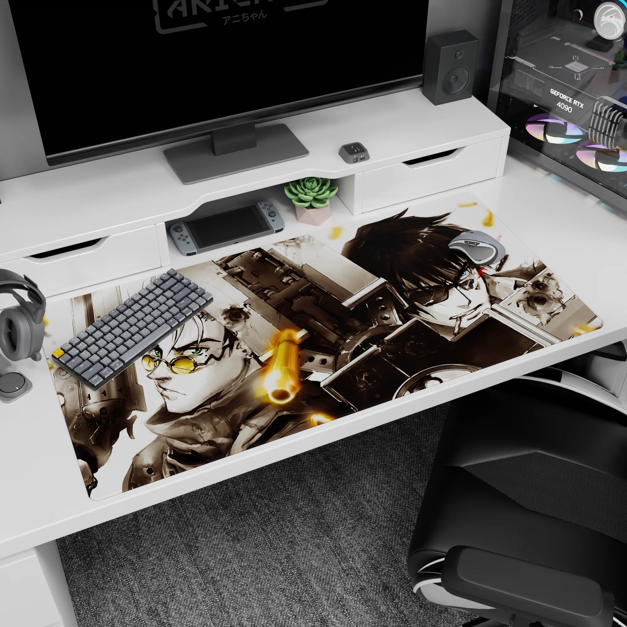 Anime desk pad 40x20 inches showing a yellow-lensed fighter vs cracked-armor rival, steel focus in close-up.
