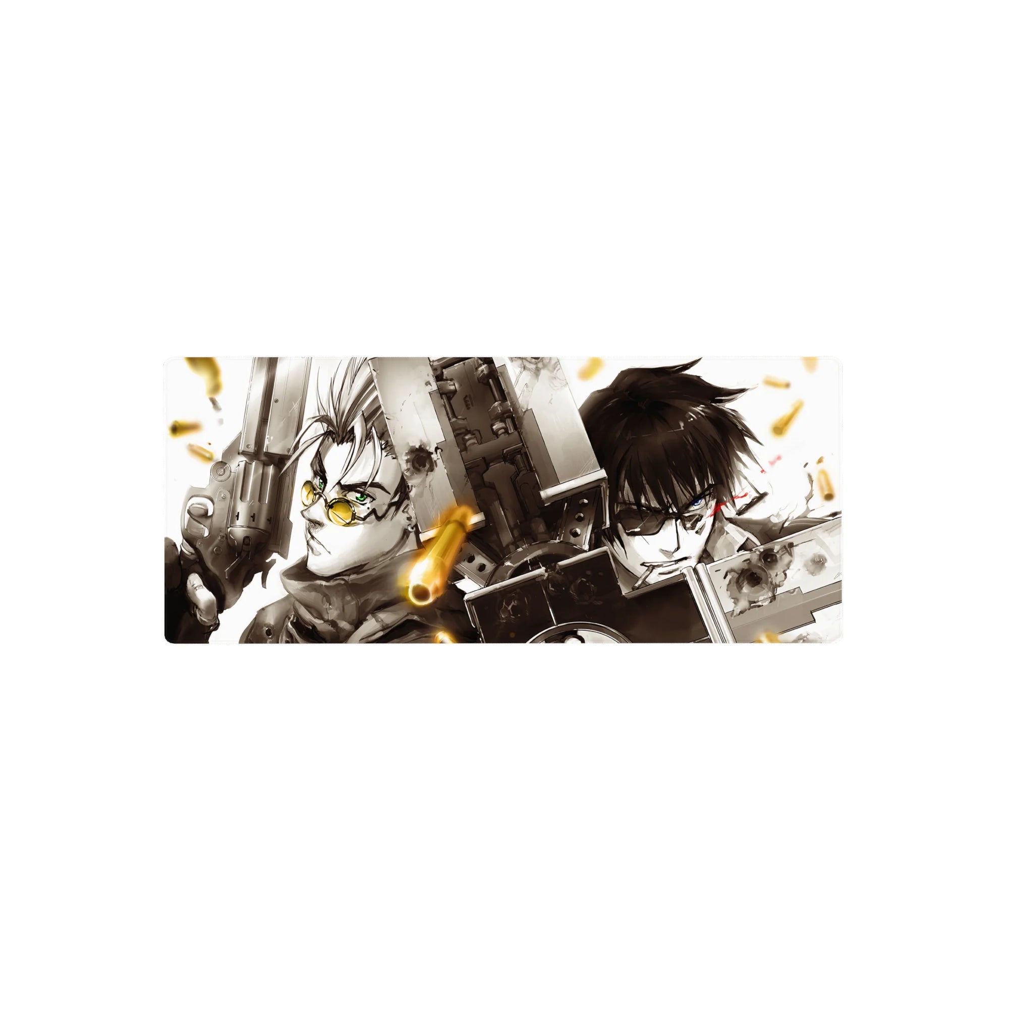 28x12 inches anime mouse pad with two sci-fi fighters in a gritty cinematic standoff and flying shell casings.