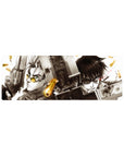 32x12 inches anime mouse pad with two fighters in a gritty sci-fi standoff, brass casings and crisp linework.