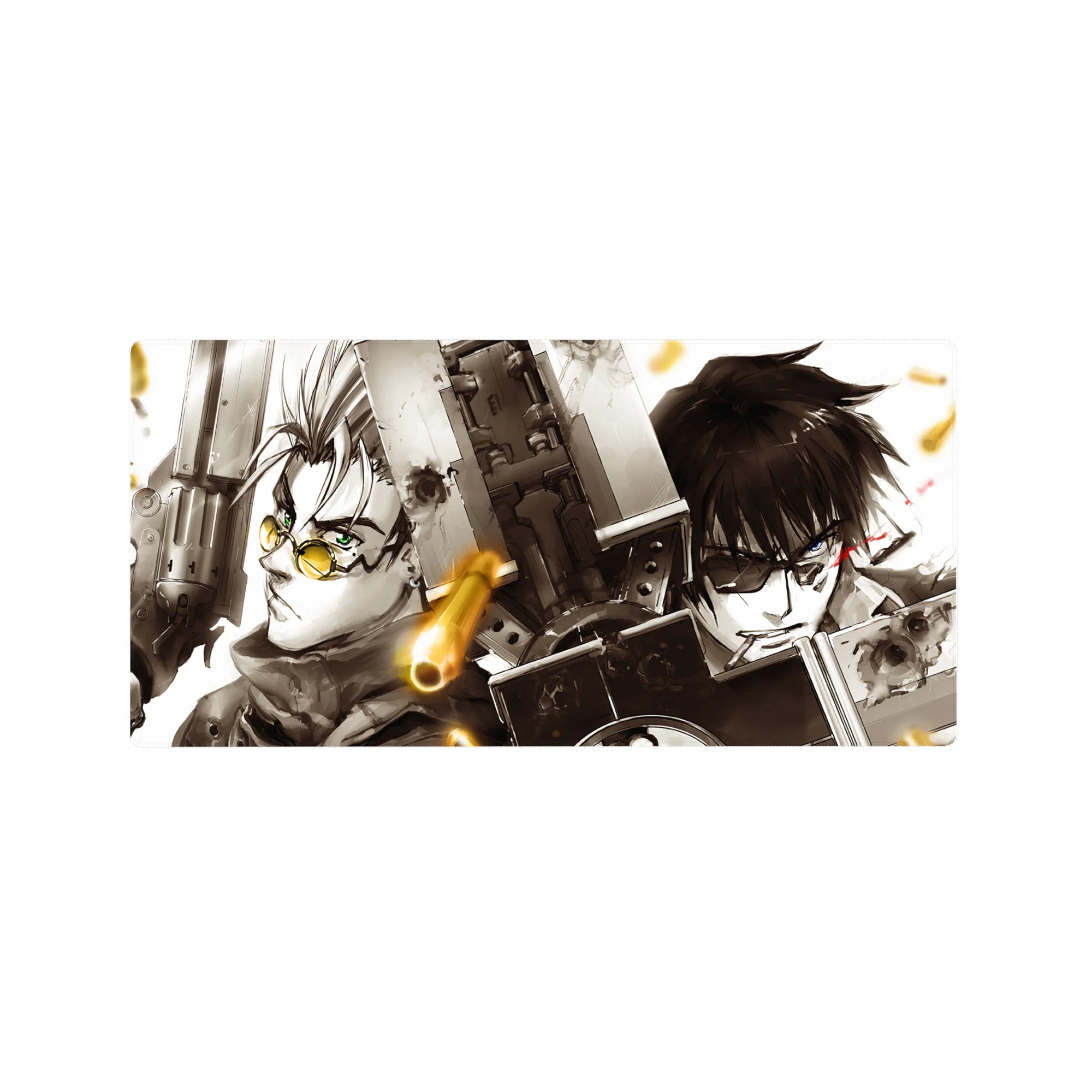 32x16 inches anime mouse pad with two fighters in a gritty sci-fi standoff, crisp linework and contrast.
