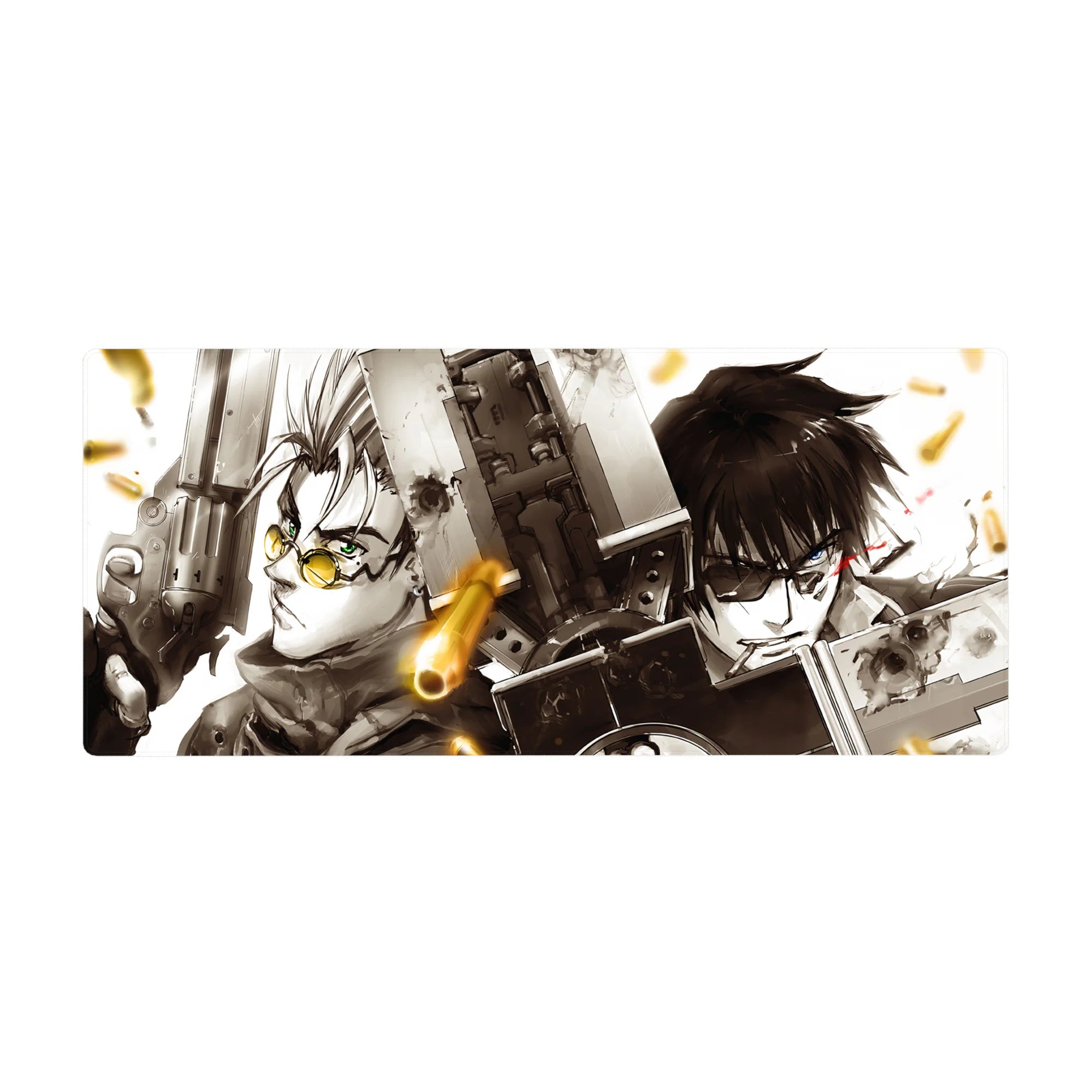 Anime desk pad 36x16 inches featuring two fighters in a cinematic standoff with shell casings and smoke.