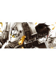 Anime desk pad 36x16 inches featuring two fighters in a cinematic standoff with shell casings and smoke.