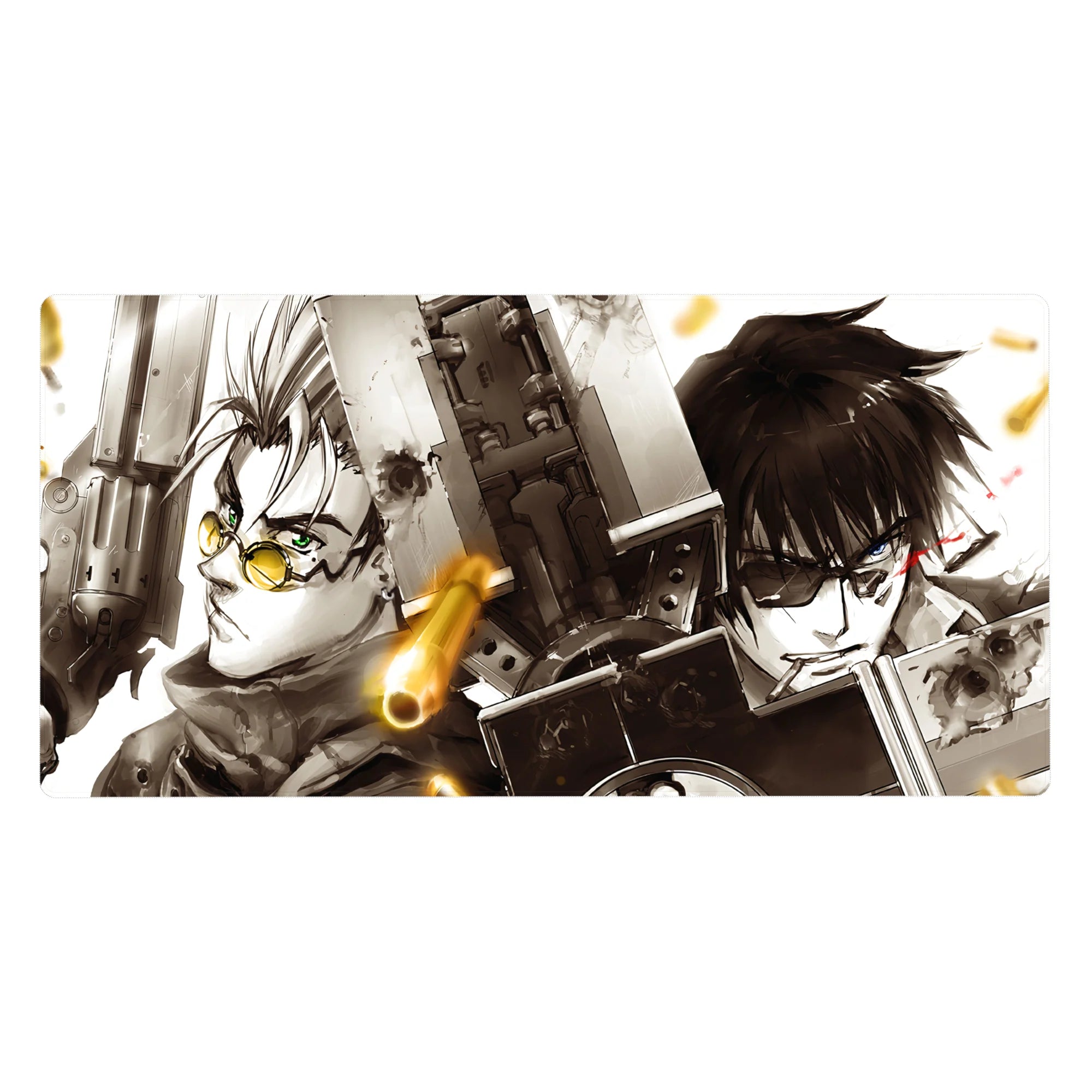 Anime desk pad 40x20 inches with two sci-fi fighters in a gritty cinematic standoff, brass casings flying.