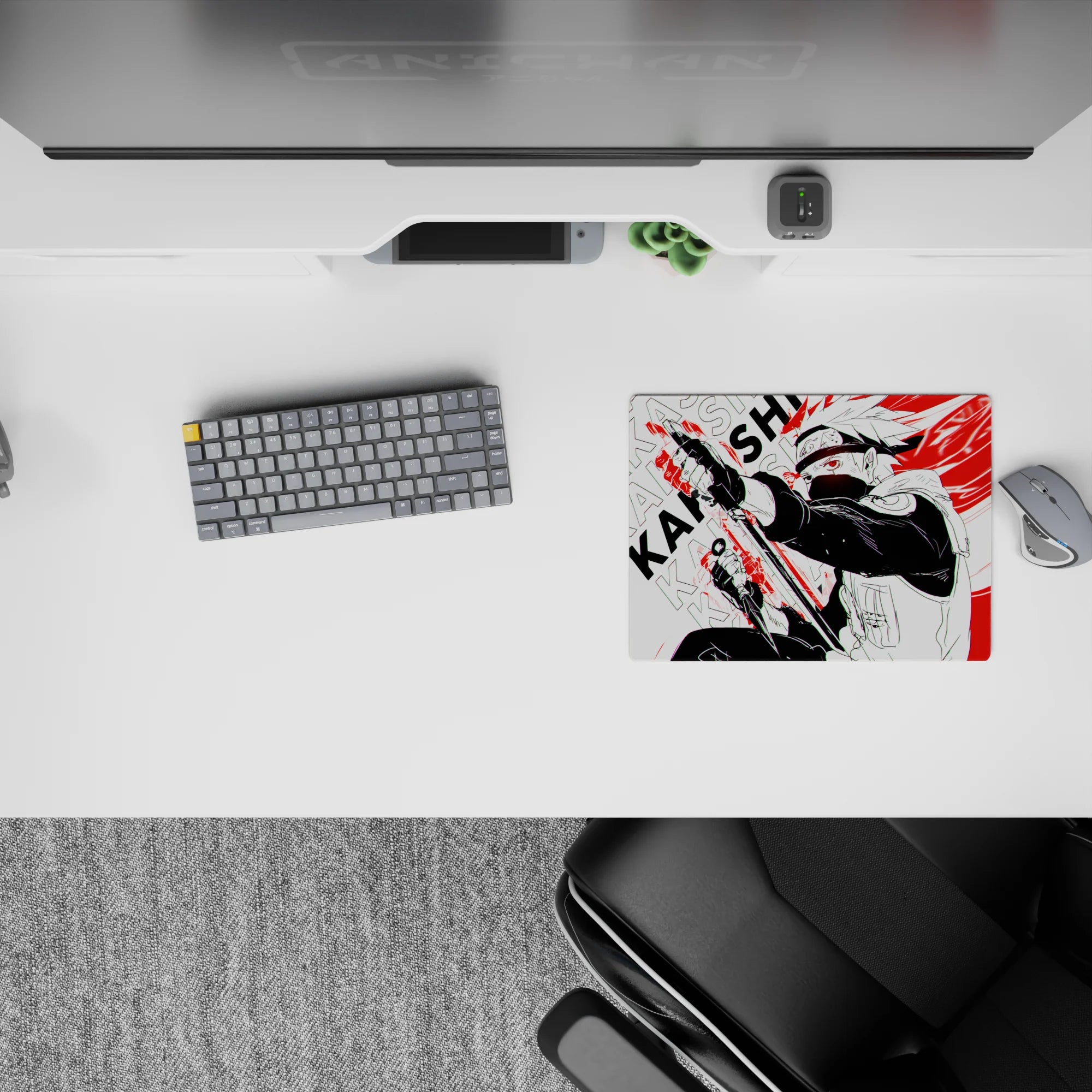 Black-and-white anime mouse pad 14x10 inches with intense red accents, calm-but-deadly ninja mood.