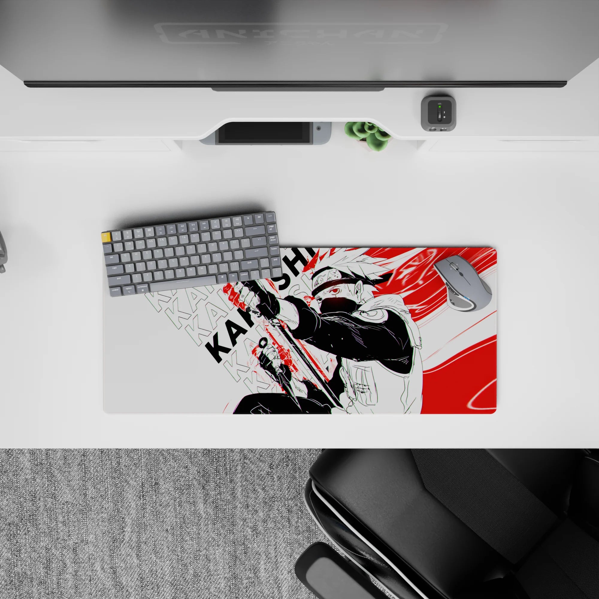 28x12 inches anime desk mat in black and white with fierce red slashes, calm-but-deadly vibe.